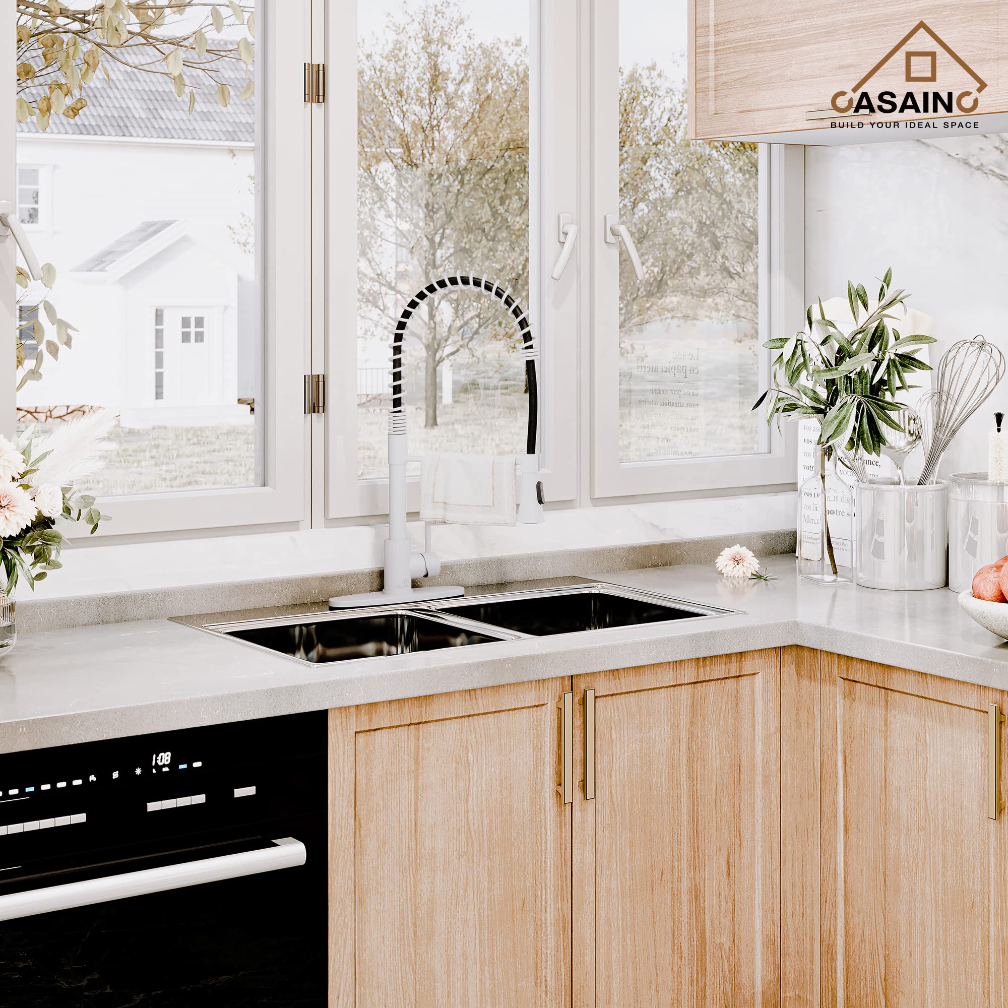 Casainc Kitchen Faucet Matte White，1.8 Gpm Spring Single Handle Kitchen Sink Faucet, Lead- Copper High Single Handle For Bar Laundry Utility Sink