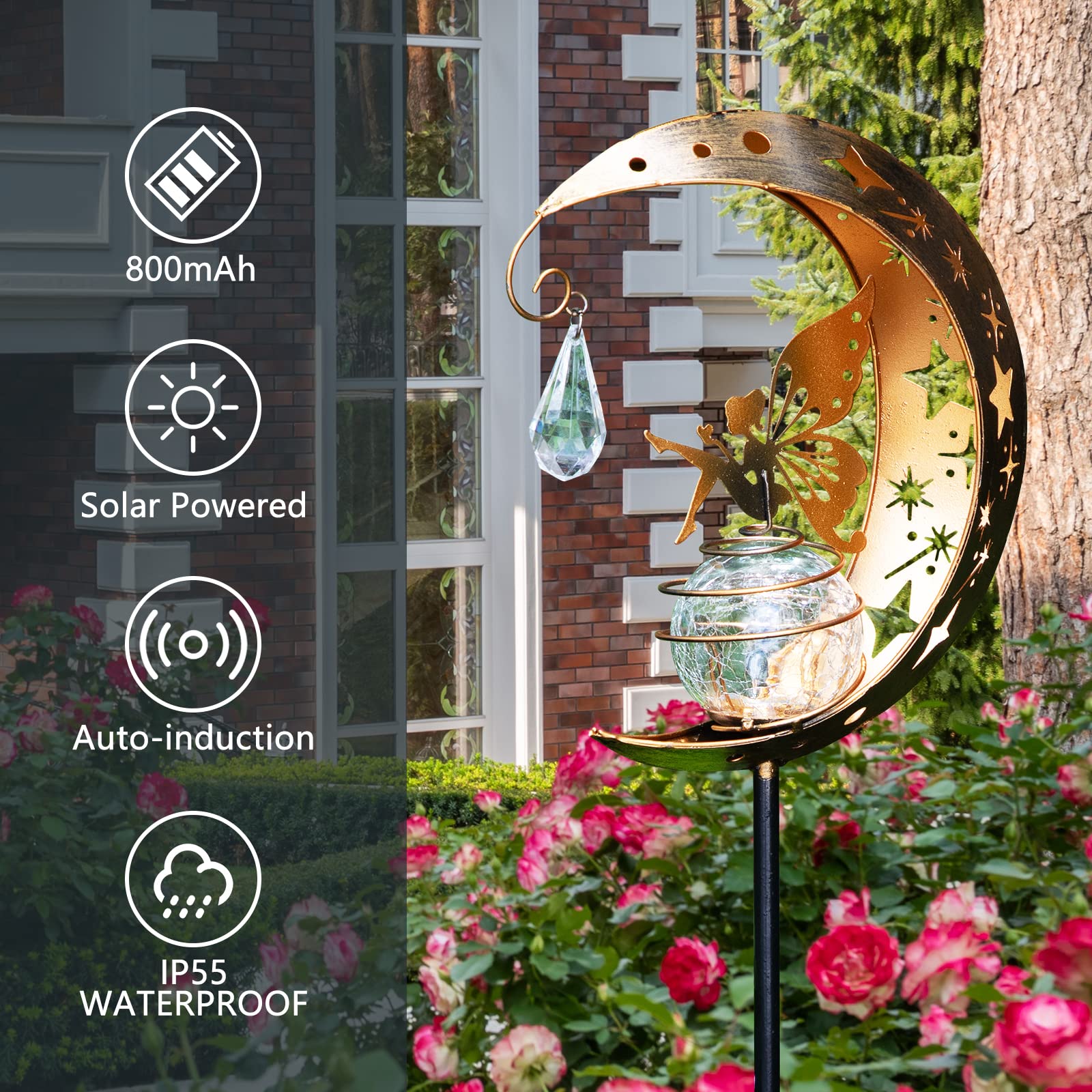 Licklip Moon & Fairy Garden Solar Stake Light Outdoor, Crackle Glass Globe With Metal Angle Stake, Waterproof Warm White Led, Decoration For Pathway Lawn Patio Courtyard Backyard (1 Pack)