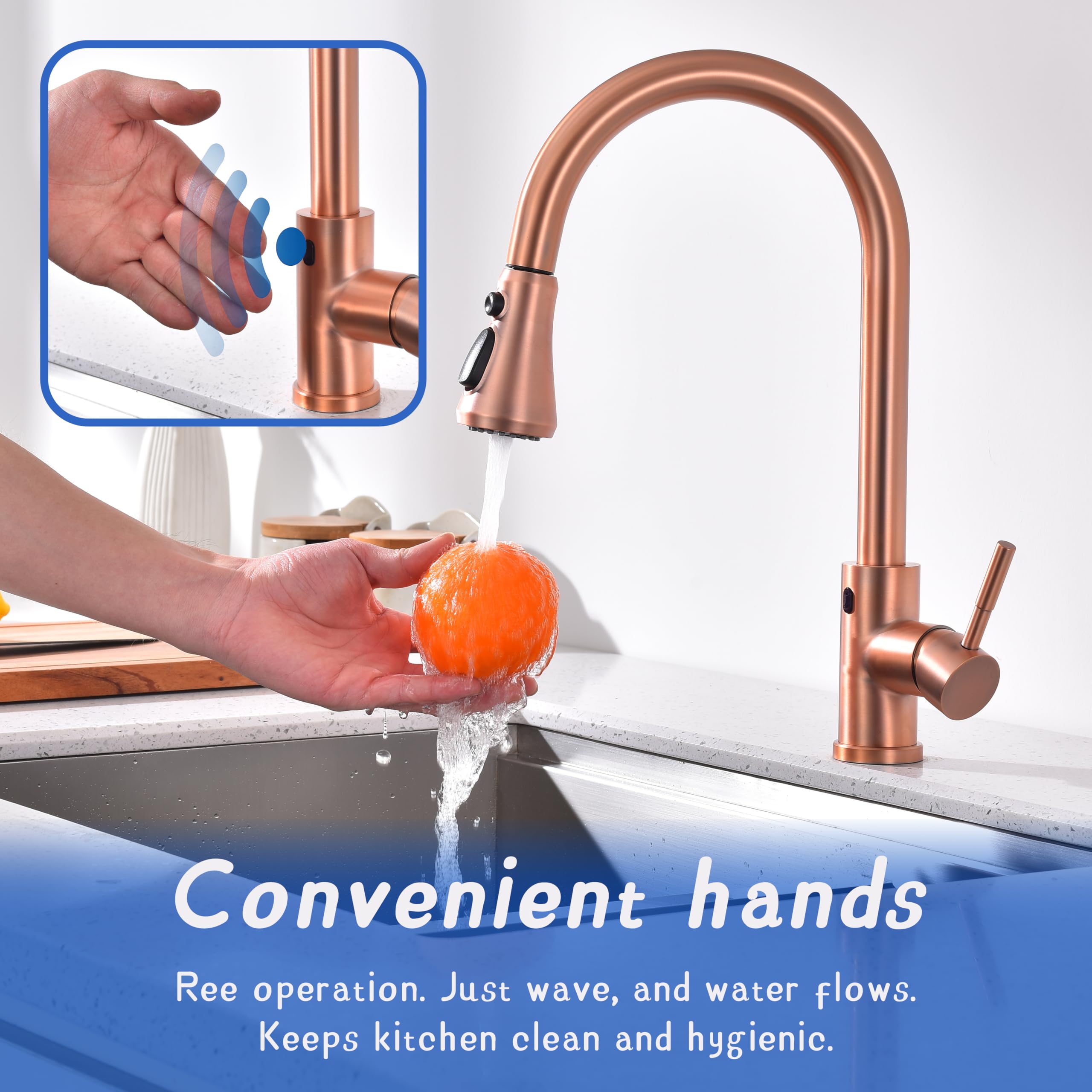 Tutew Touchless Kitchen Faucet With Pull Down Sprayer, Red Copper Motion Sensor Kitchen Sink Faucet Single Hole, Spot Resist Stainless Steel Single Handle Commercial Modern Faucet