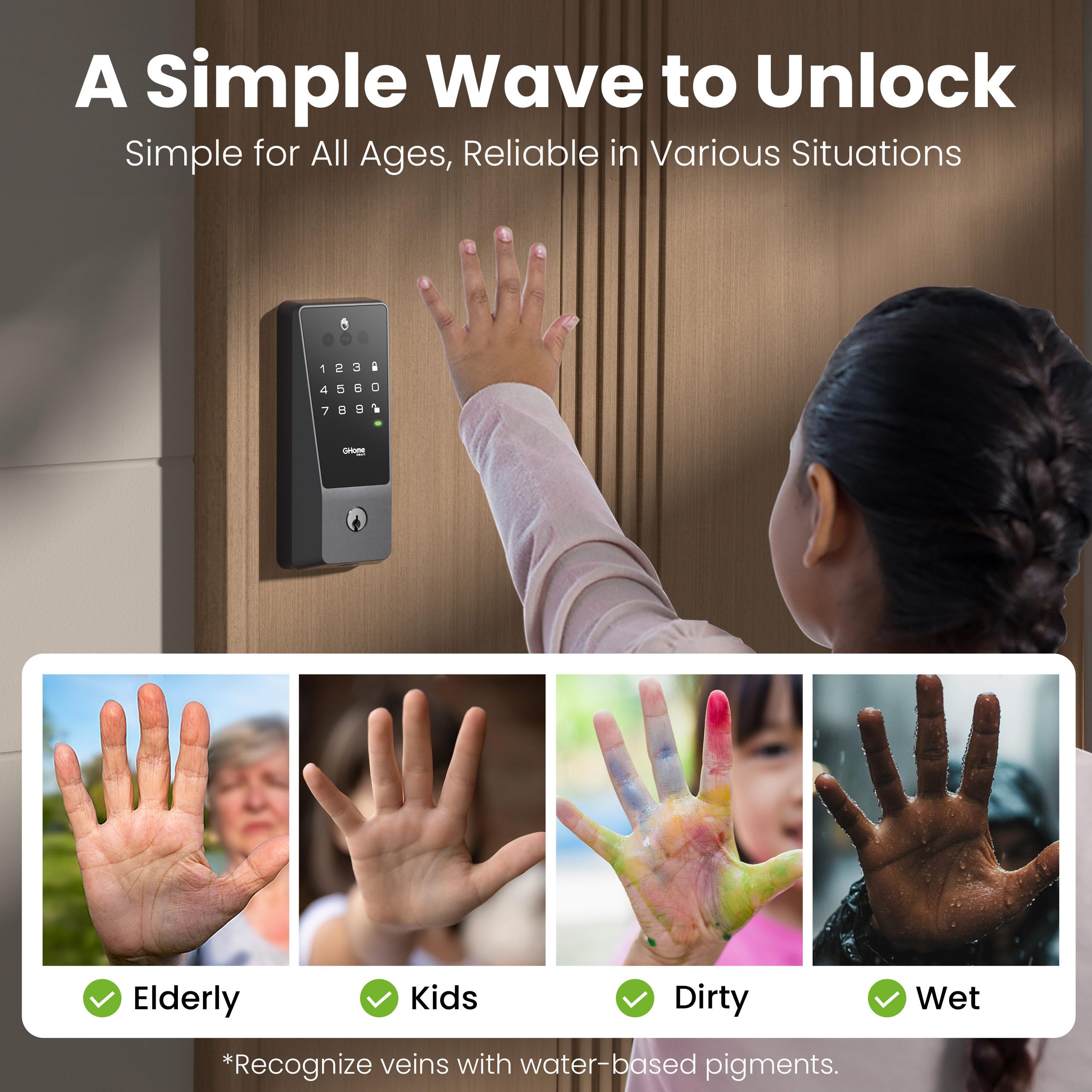 Ghome Smart Door Lock, Palm Vein Smart Locks For Front Door, 5 In 1 Keyless Entry Door Lock, Alexa Control, Auto Lock, Built-In Wifi, Rechargeable Battery, Smart Deadbolt