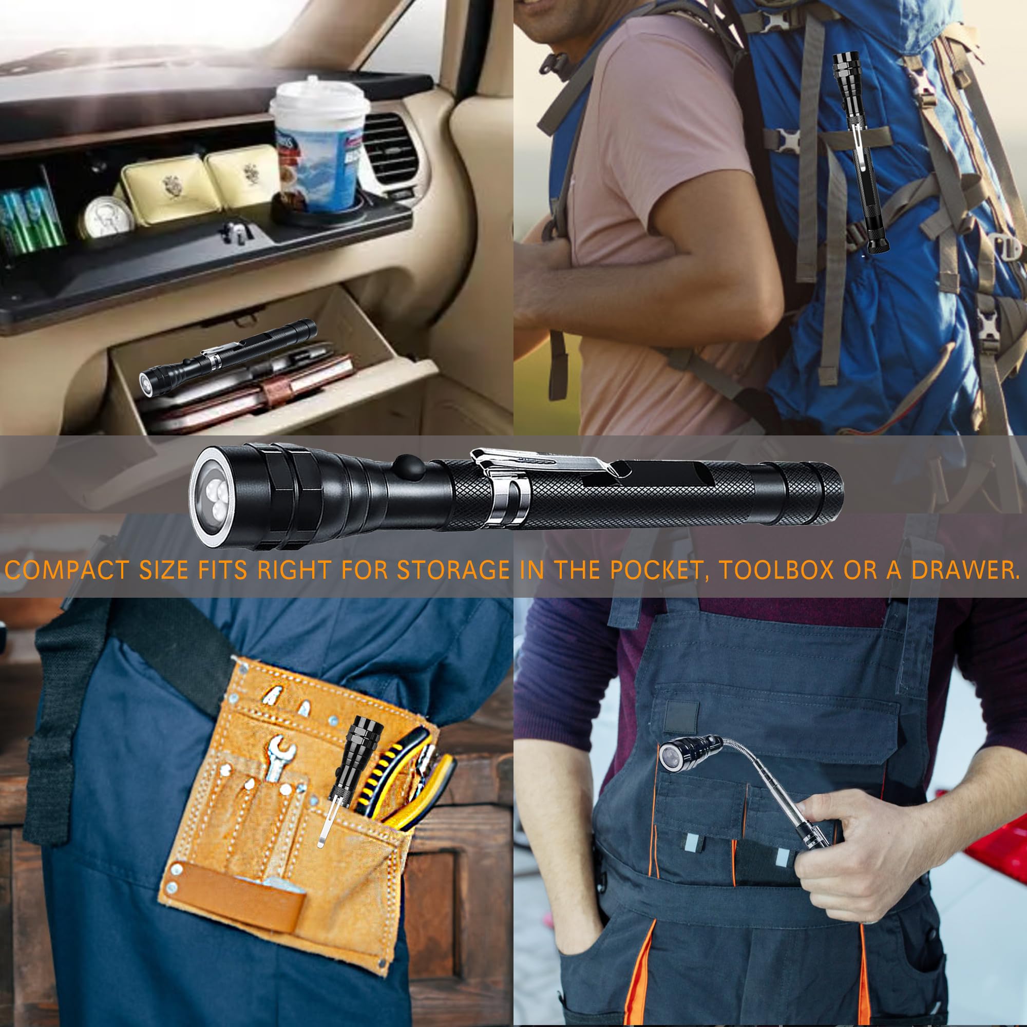 Jishi Magnetic Pickup Tool, Telescoping Magnet Led Flashlight,  For Men, Adults, Dad, Husband, Stocking Stuffers, Multitool, Aluminum Handle