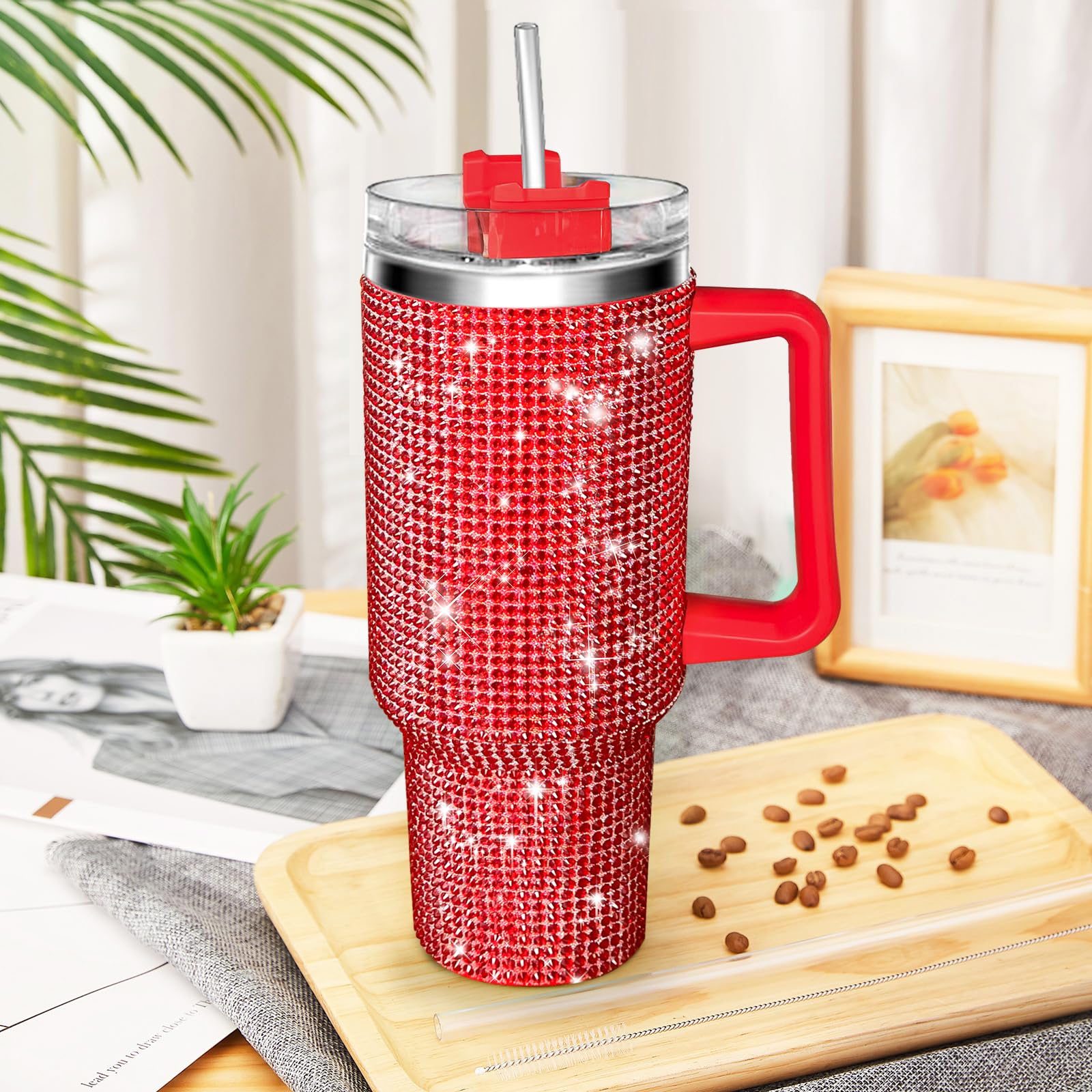 40Oz Tumbler With Handle-Glitter Rhinestones Tumbler Bling Cups Stainless Steel Water Bottle