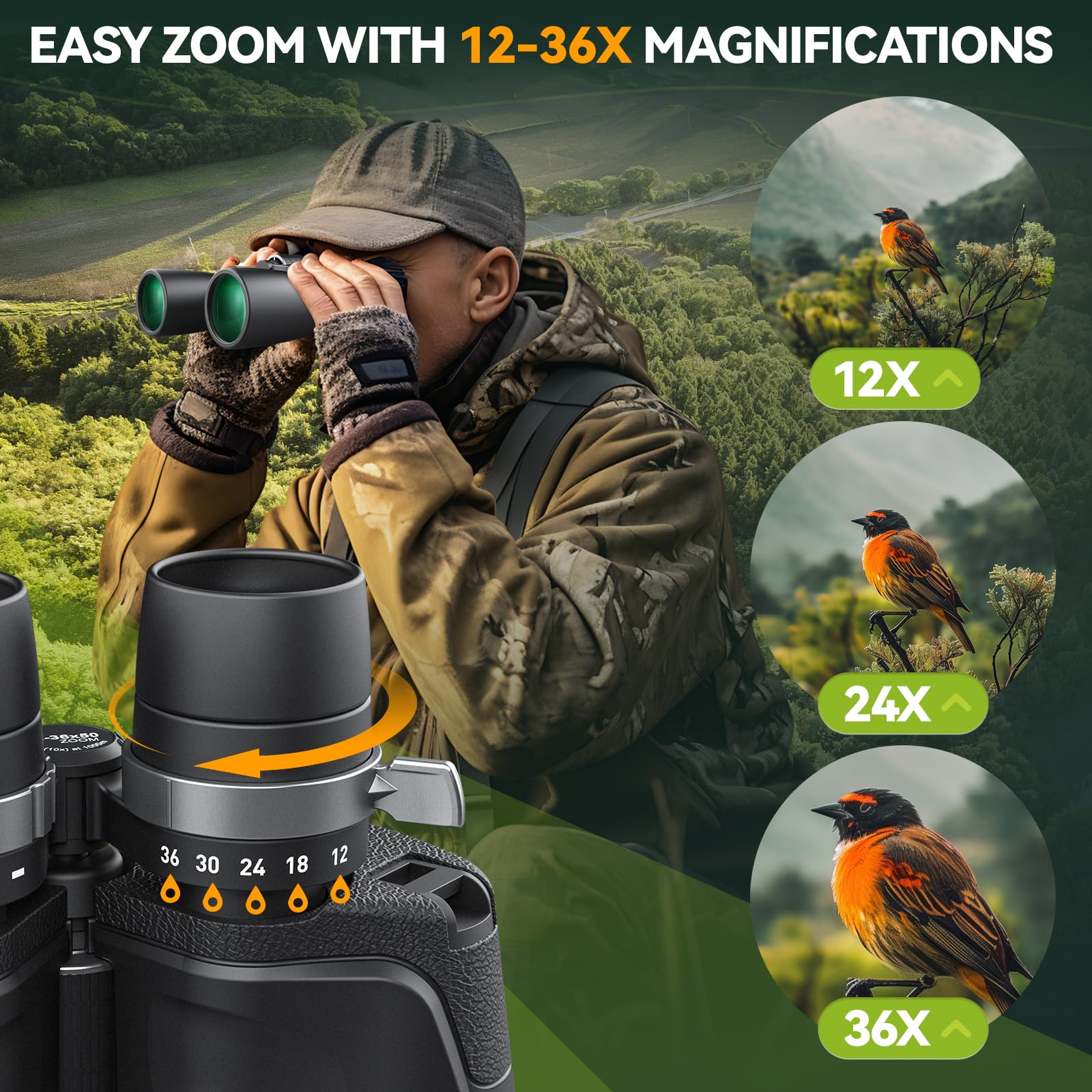 Wozel 12-36X50 High Powered Zoom Binoculars For Adults - Hd Professional Binoculars With Large Vision - Waterproof Binocular With Low Light For Bird Watching Travel Hunting Sports Cruise Outdoor