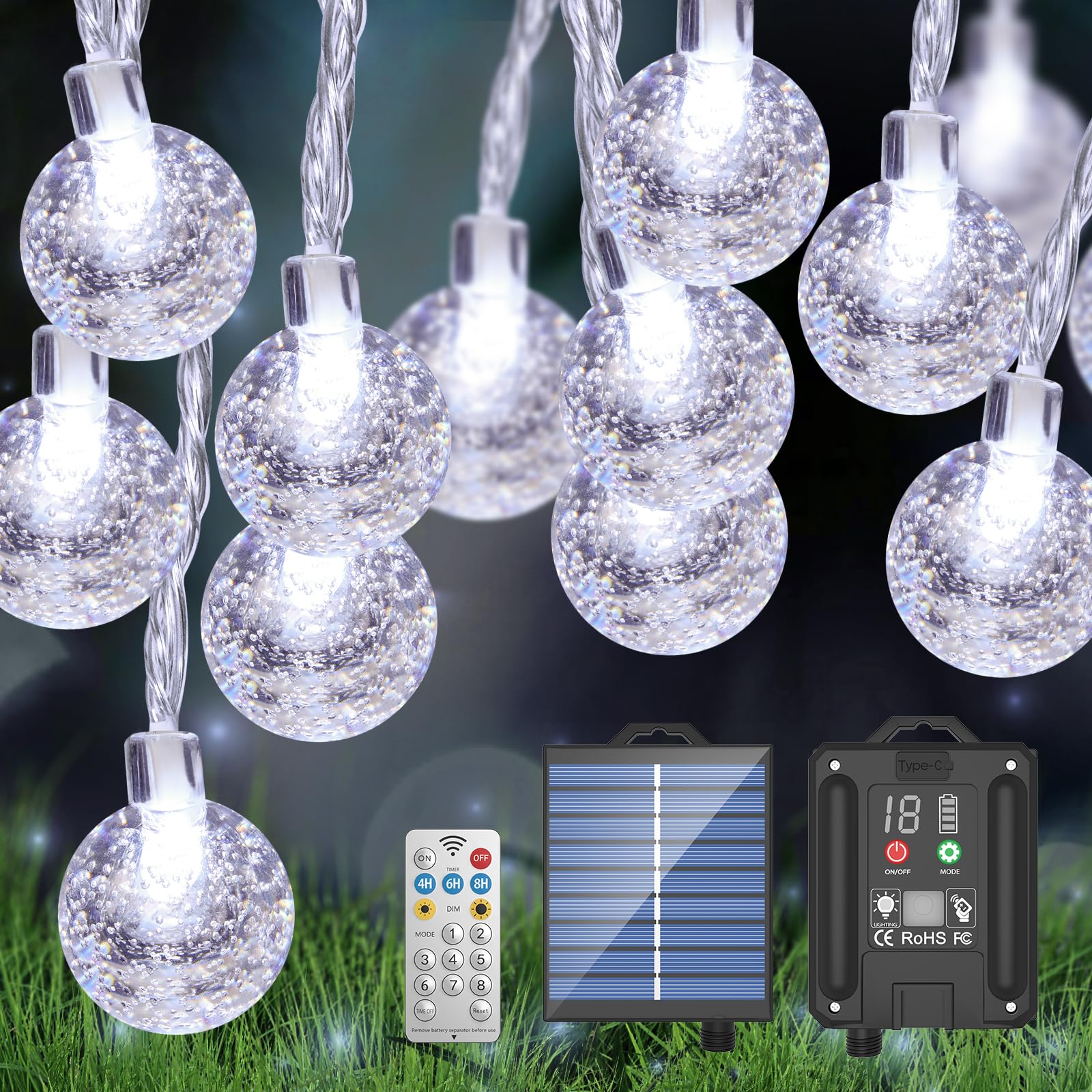 Goodea.Fun 56Ft 100Led Solar String Lights, Outdoor Solar Patio Lights With Remote, 1800Mah Battery Small Globe Light, 8 Lighting Modes & Timing, Ip65 Waterproof Outdoor Christmas Garden Yard Patio