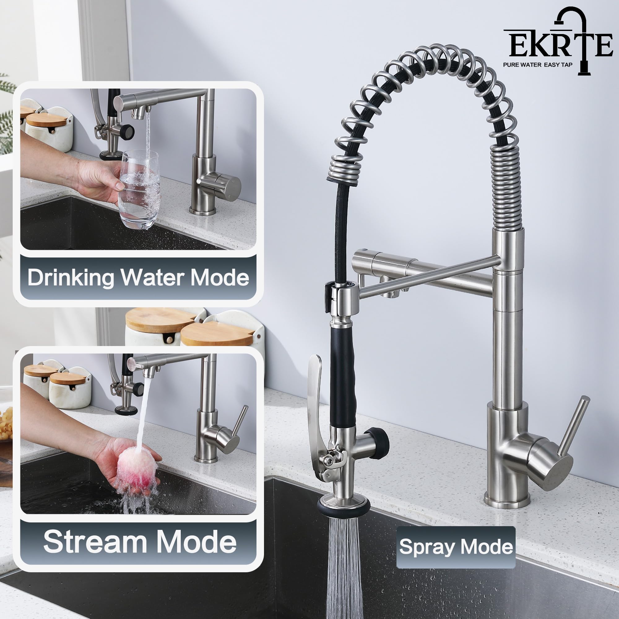 Ekrte Kitchen Sink Faucet With Pull Down Sprayer, 3 In 1 Water Filter Purifier Faucets, Heavy Duty Commercial Style Kitchen Faucet,Brushed Nickel Filter Water Kitchen Faucet
