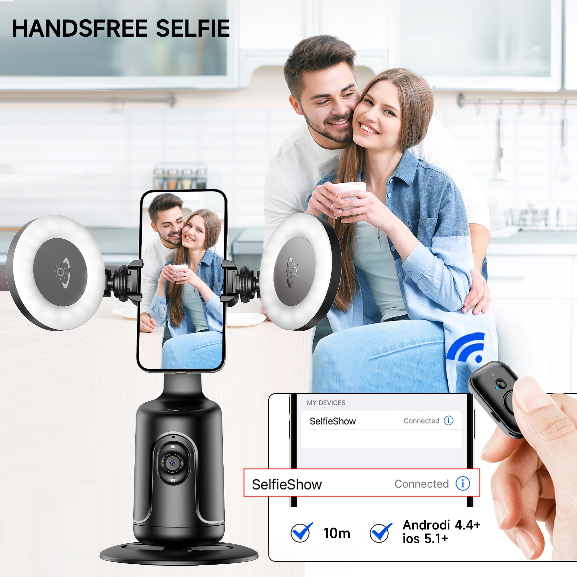 Selfieshow Auto Face Tracking Tripod With 2 Selfie Ring Light, 360° Rotation Face Body Phone Holder Smart Shooting Camera Mount With Remote, Rechargeable Smart Shooting Holder For Vlog, Streaming, Video, Tiktok