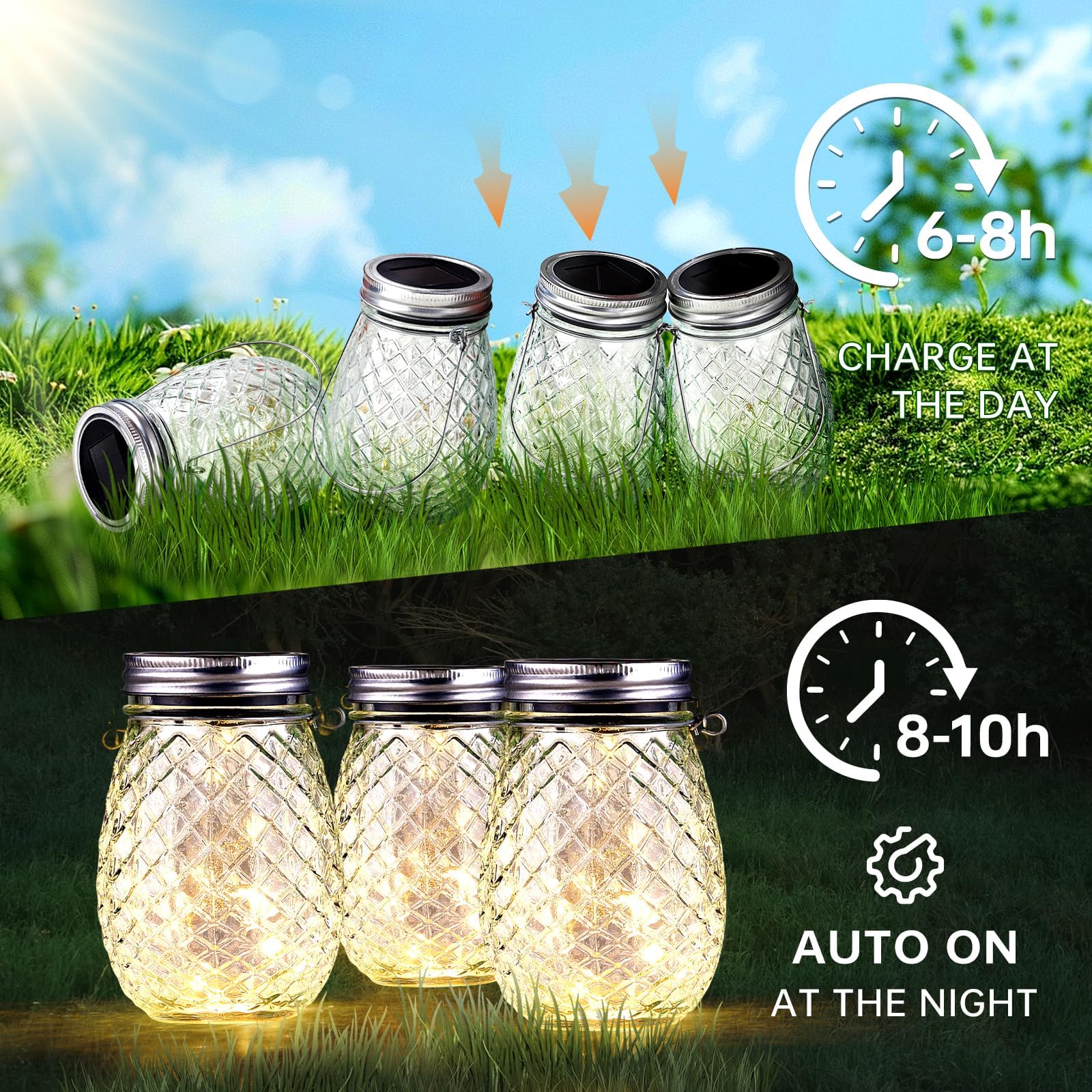 Dream Master 30 Led Hanging Solar Fairy Lights, Jars & Hangers Included, 6 Pack Waterproof Glass Mason Jar Lights Solar Powered, Ideal Outdoor Decor For Garden Patios, Yards, And Lawns, Warm White