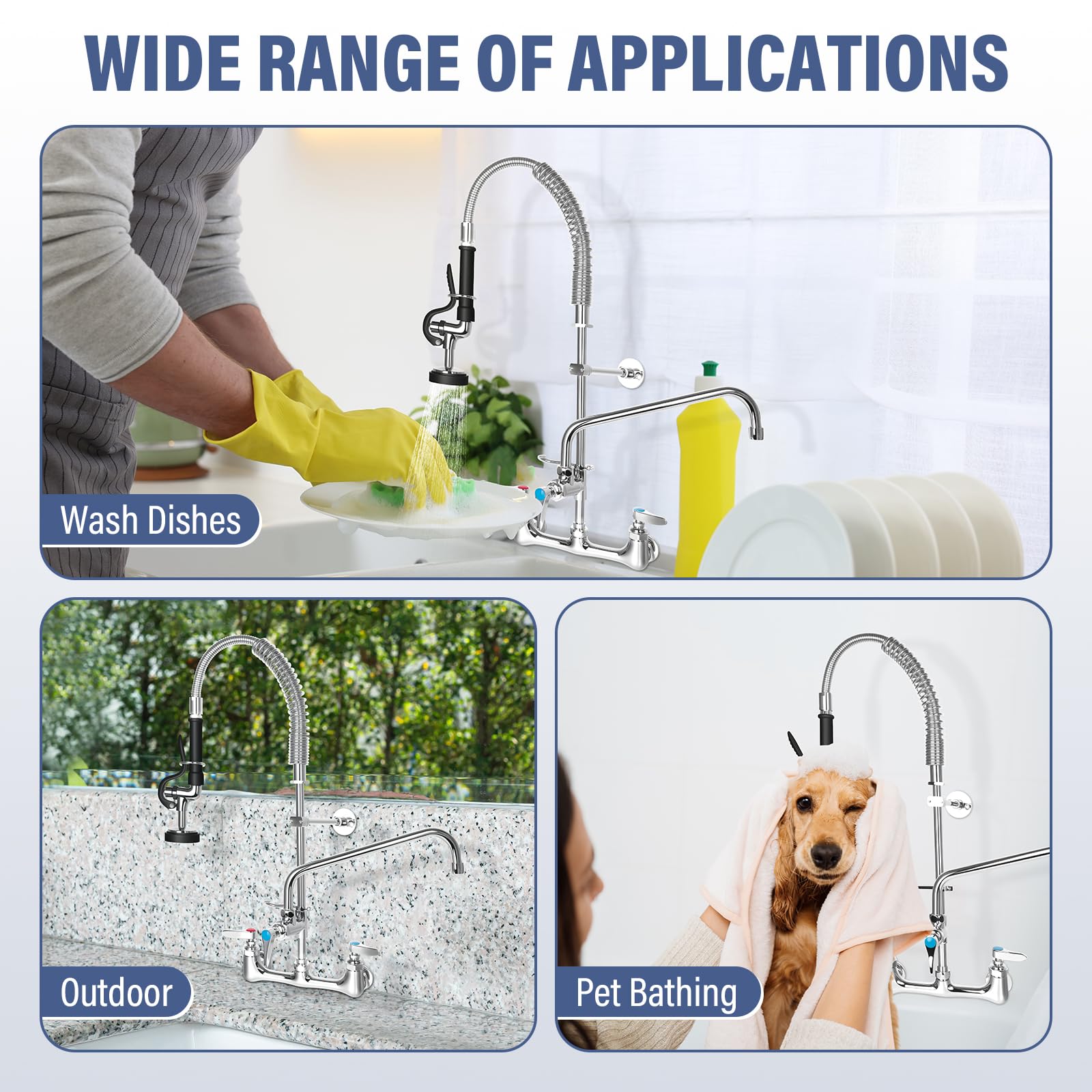 Xeoca Commercial Faucet With Pre-Rinse Sprayer 8" Adjustable Center Wall Mount Kitchen Faucet 12" Swivel Spout 25" Height Compartment Sink Faucet Lead- Brass For Home And Industrial Restaurant