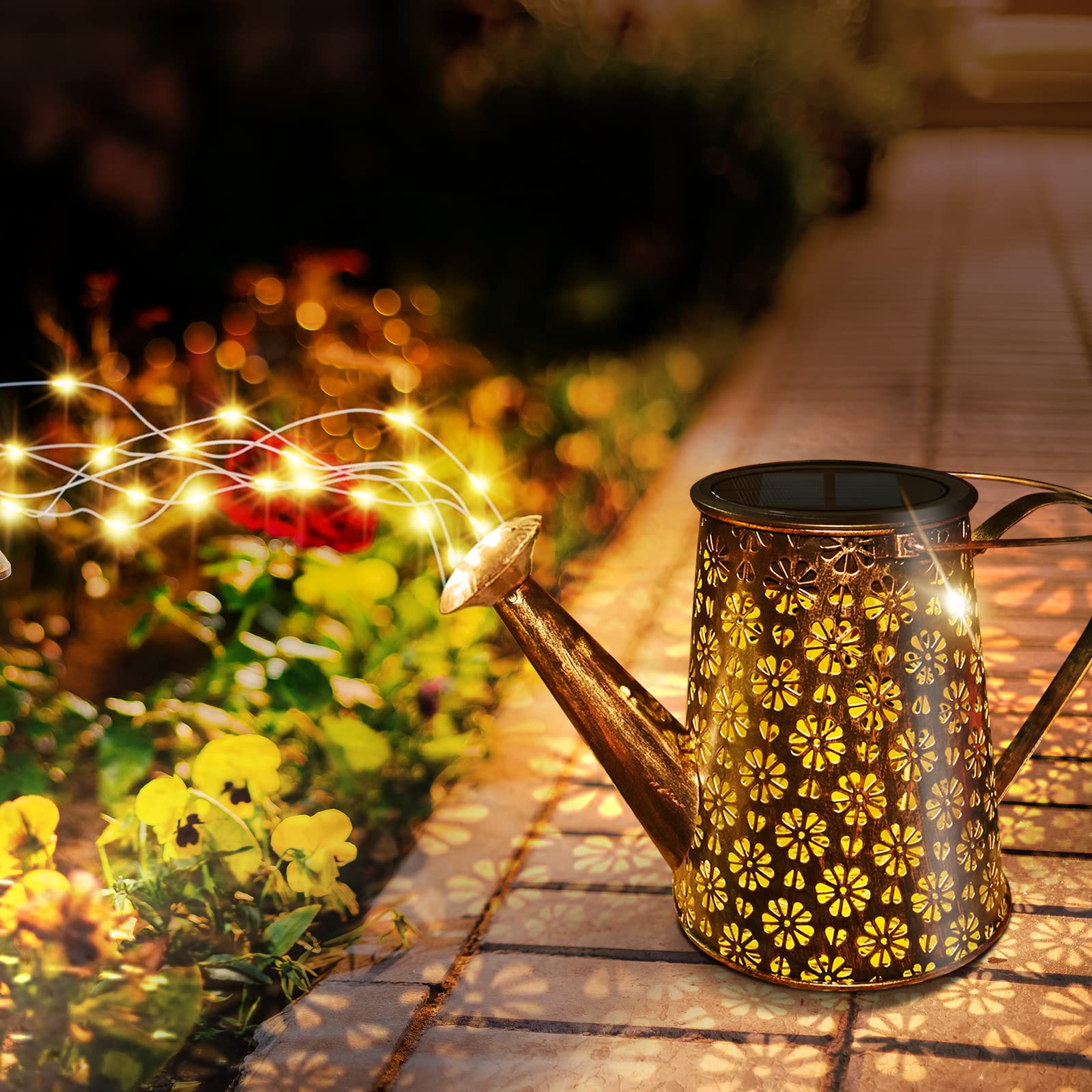 Lureshine Outdoor Solar Watering Can With Lights Garden Decor Large Solar Powered Lanterns Hanging Waterproof Led Decorative Retro Metal Kettle String Lights For Table Yard Pathway Walkway Gardening