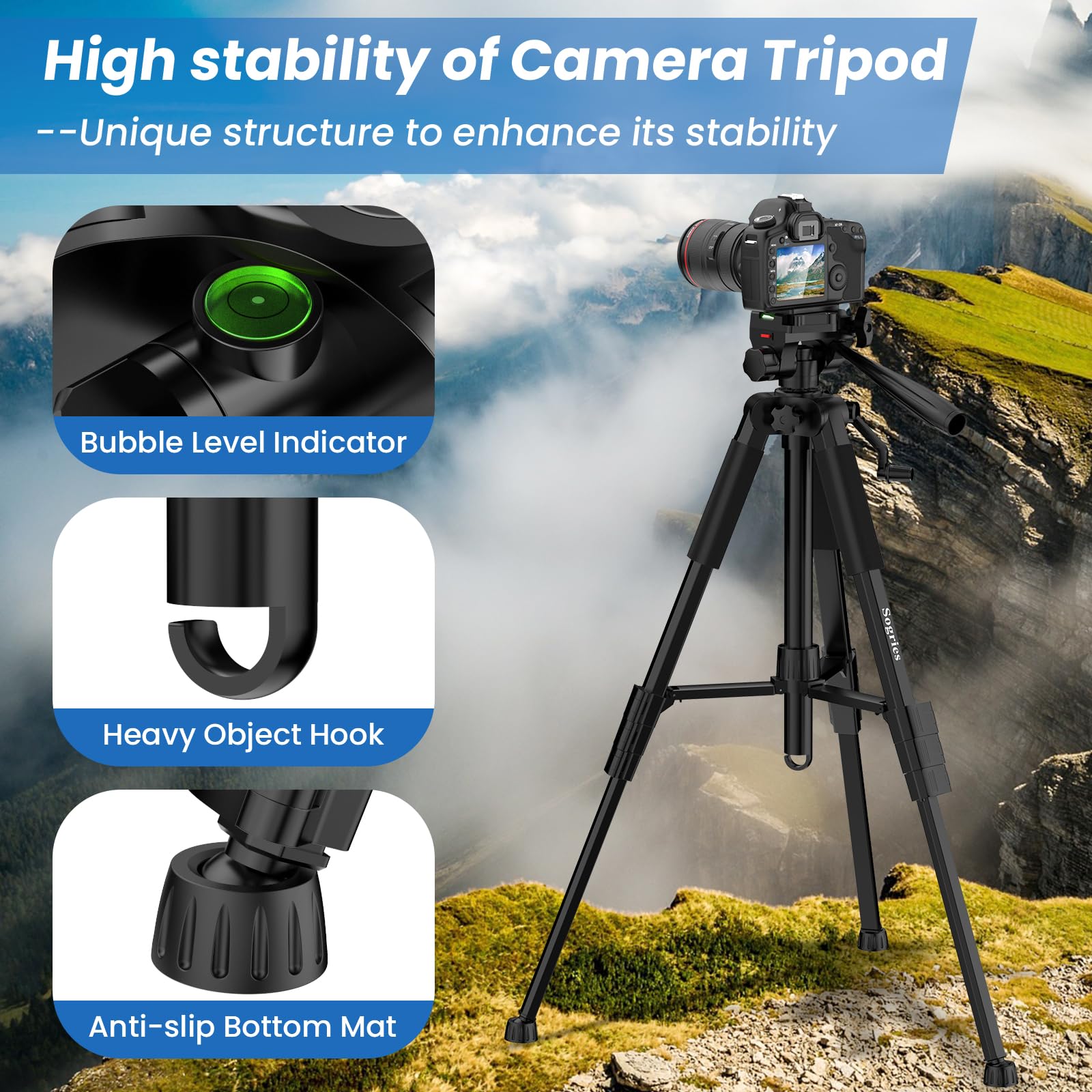 Sogries Tripod-60”Camera Tripod,Porfessional Aluminum Lightweight Travel Outdoor Tripods For Camera/Dslr/Cell Phone/Camcorder/Binoculars/Microscope