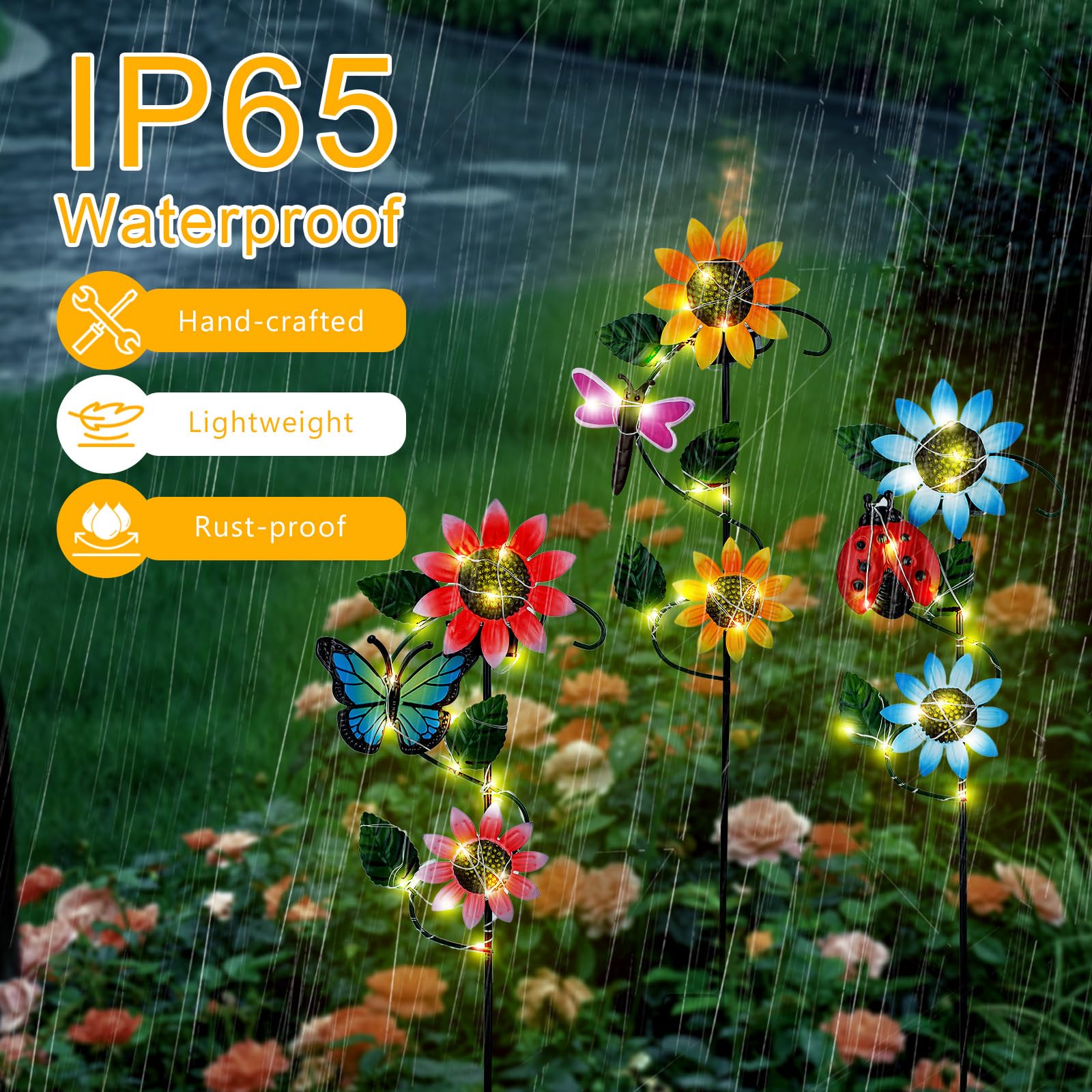 Qipade 3 Pack Solar Garden Light, Sunflower & Insect Metal Solar Stake Lights, Outdoor Statues Figurine Lights For Spring Garden Lawn Patio Yard Decor