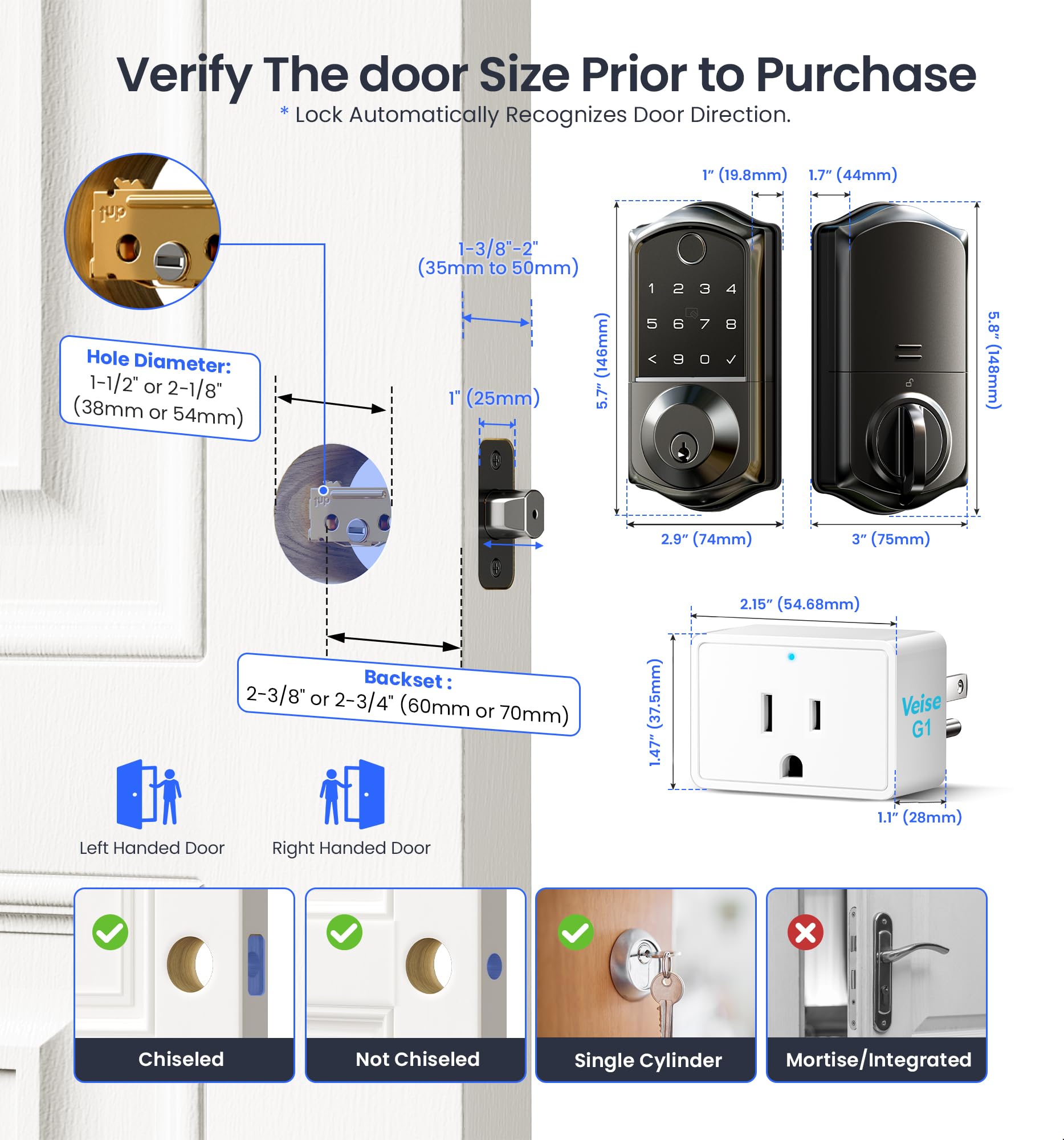 Veise Ve017G Wi-Fi Keyless Entry Door Lock With Fingerprint, Remote App Control, Smart Locks For Front Door, Electronic Keypad Deadbolt, Auto Locking, Waterproof, Easy To Install, Matte Black