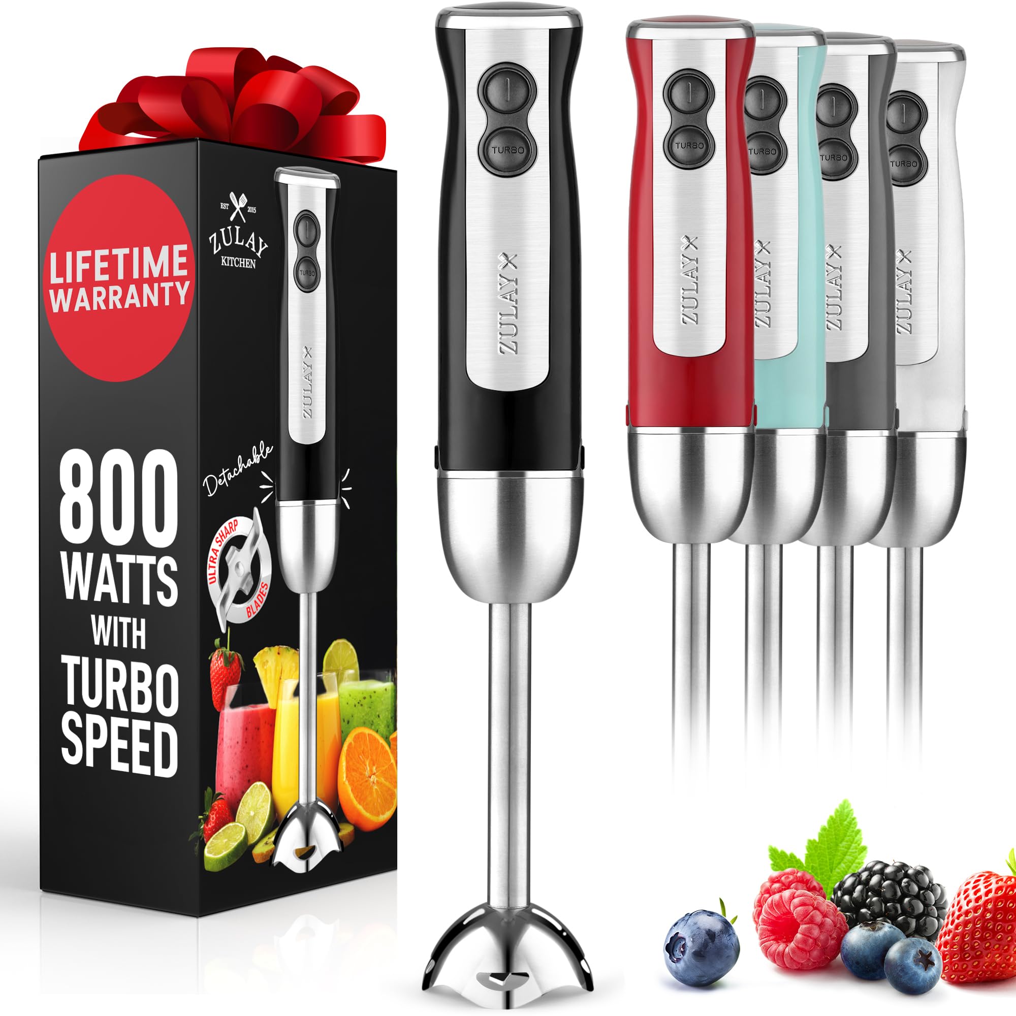 Zulay Kitchen Zulay Immersion Stick Mixer Hand Blender 800 Watts, Turbo Mode, 5-Ft Power Electric Cord, Handheld Portable, Stainless Steel Blades For Effortless Blending Smoothie, Soup, Baby Food, Puree Black