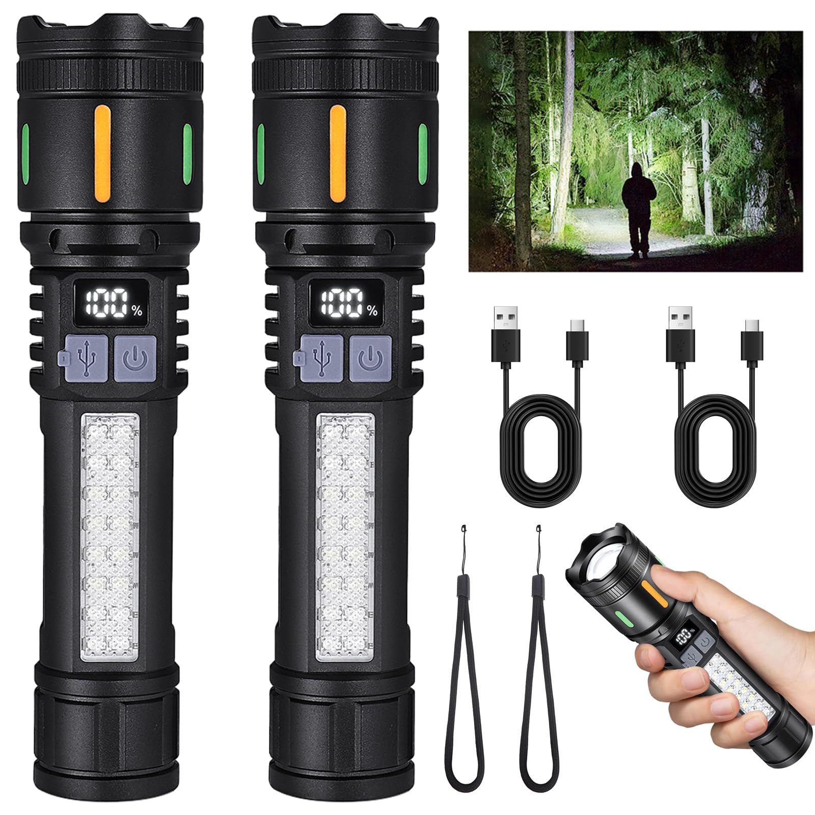 Ciwuzxs Rechargeable Led Flashlights High Lumens - 3000Lm Super Bright Tactical Flashlight With Cob Sidelight, 5 Light Modes, Ipx6 Waterproof, Powerful Flash Light For Camping Home Emergencies（2 Pack）
