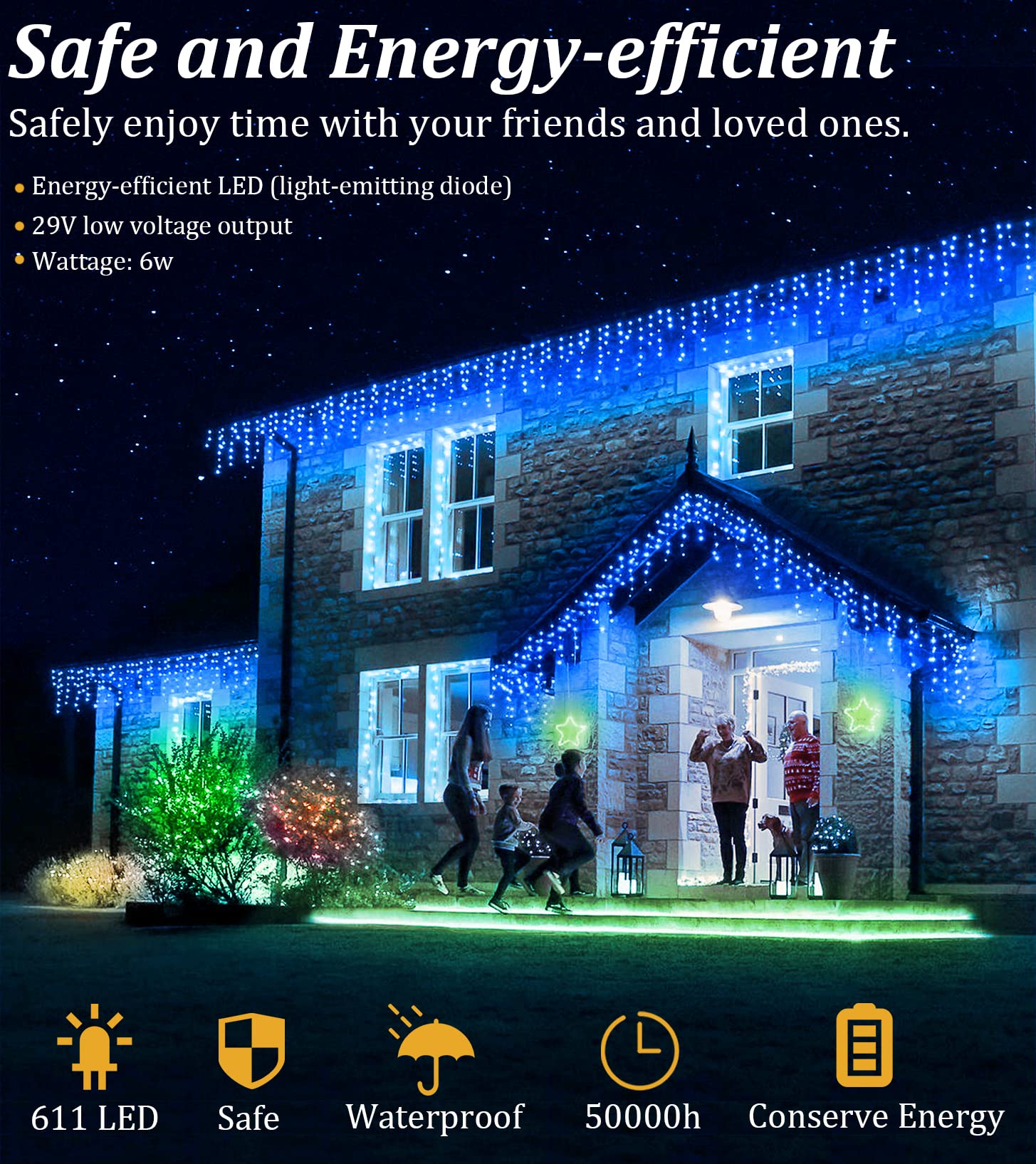 Bpazvuh 66Ft Outdoor Led String Lights, 8 Modes With Timer Memory, 611 Leds On 141 Drops, Waterproof For Holidays, Weddings, Parties (Blue)
