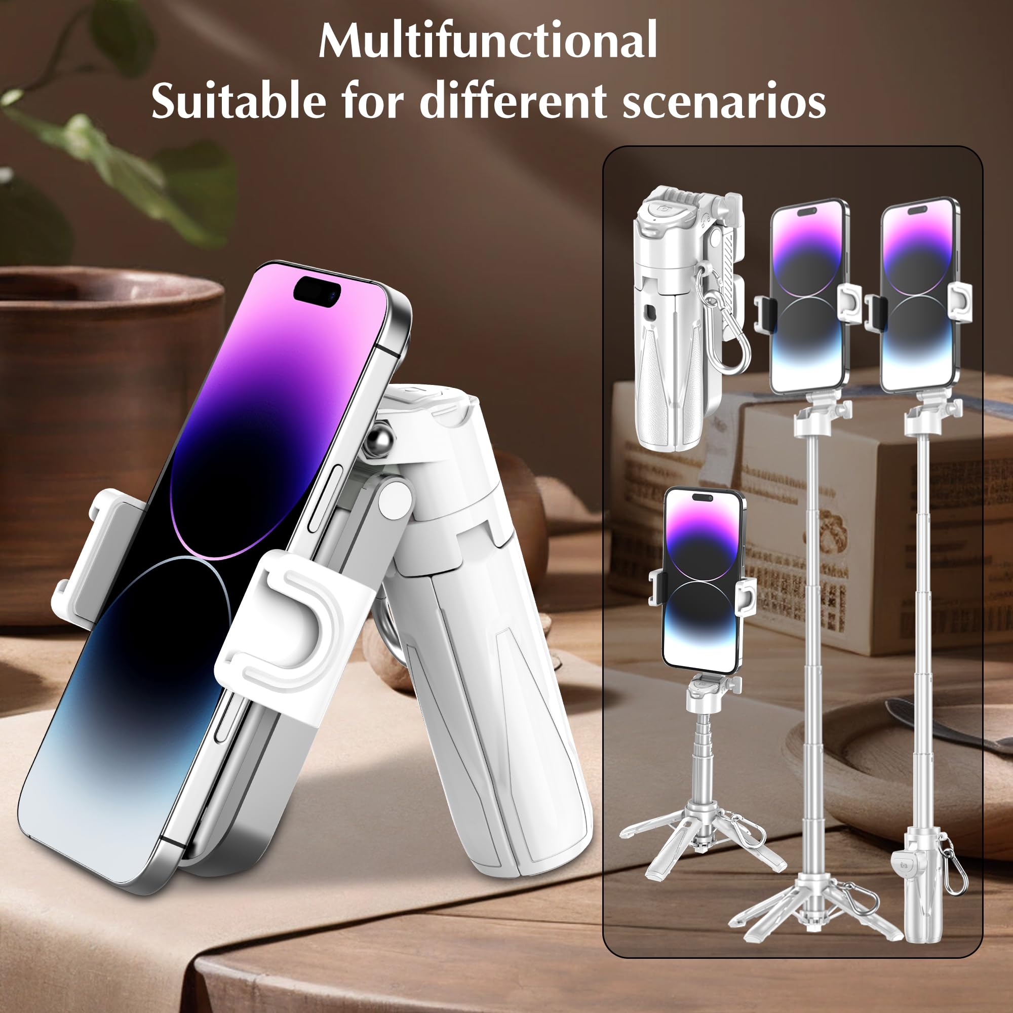 Eug-Products Mini Selfie Stick Tripod, Extendable Grip Phone Tripod With Detachable Remote Pocket Size, 4-In-1 Mini Phone Grip, 10M Wireless Shutter, Vlog Livestreaming Photography （White）