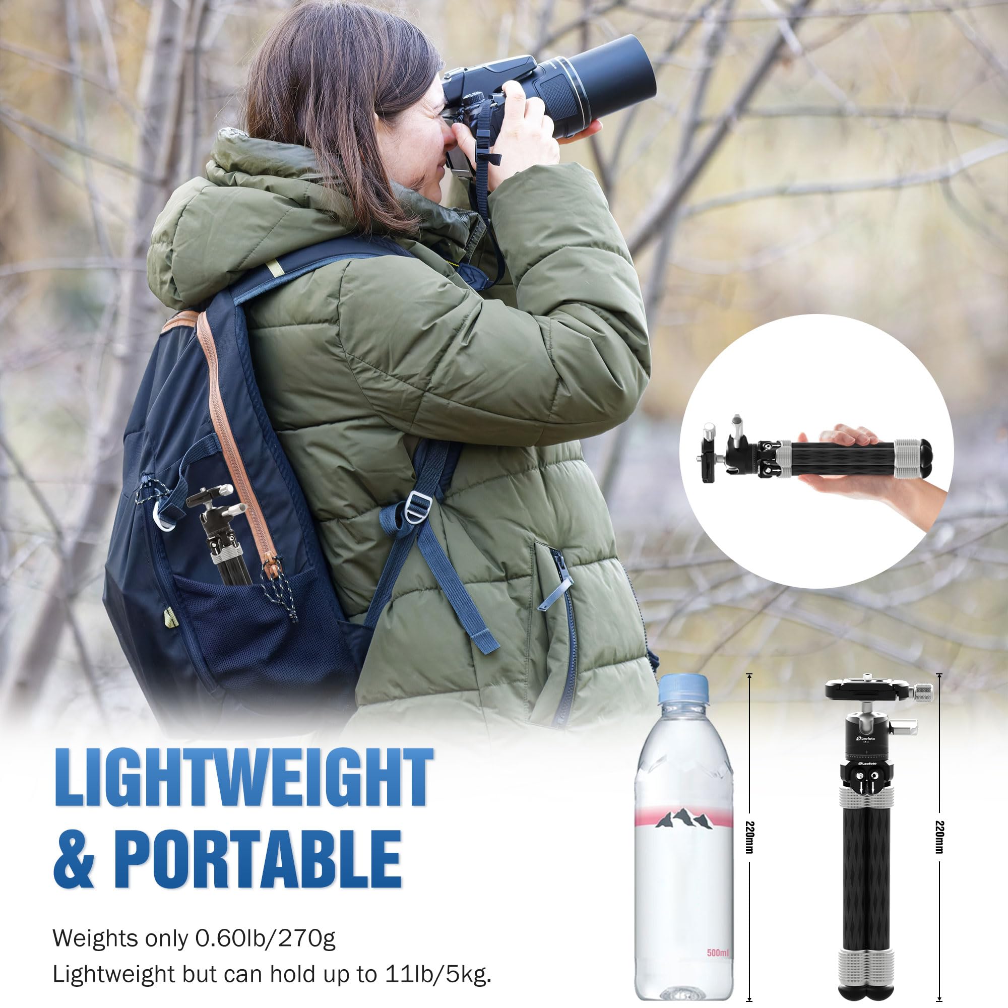 Leofoto Carbon Fiber Mini Table Tripod With 360° Ball Head For Camera, Lightweight Desktop Tripod With Panoramic Base, 1/4" Arca Qr Plate For Phone Adaptor/Projector/Slr, Max Height 10.43", Max Load 11Lb/5Kg