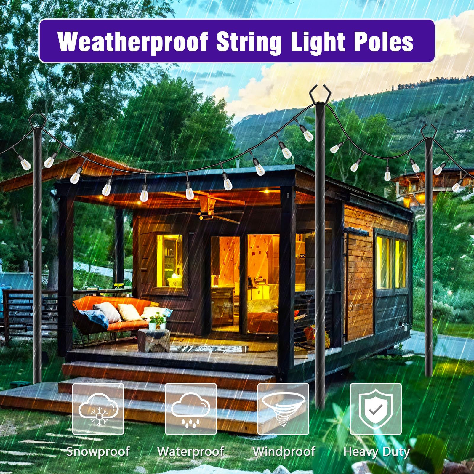Zoegi 10Ft String Light Poles 4 Pack,Light Poles For Outside Lights With Fork,Outdoor Brackets Hanging Lights,Metal Stand For Deck Patio,Backyard,Wedding,Deck,Party