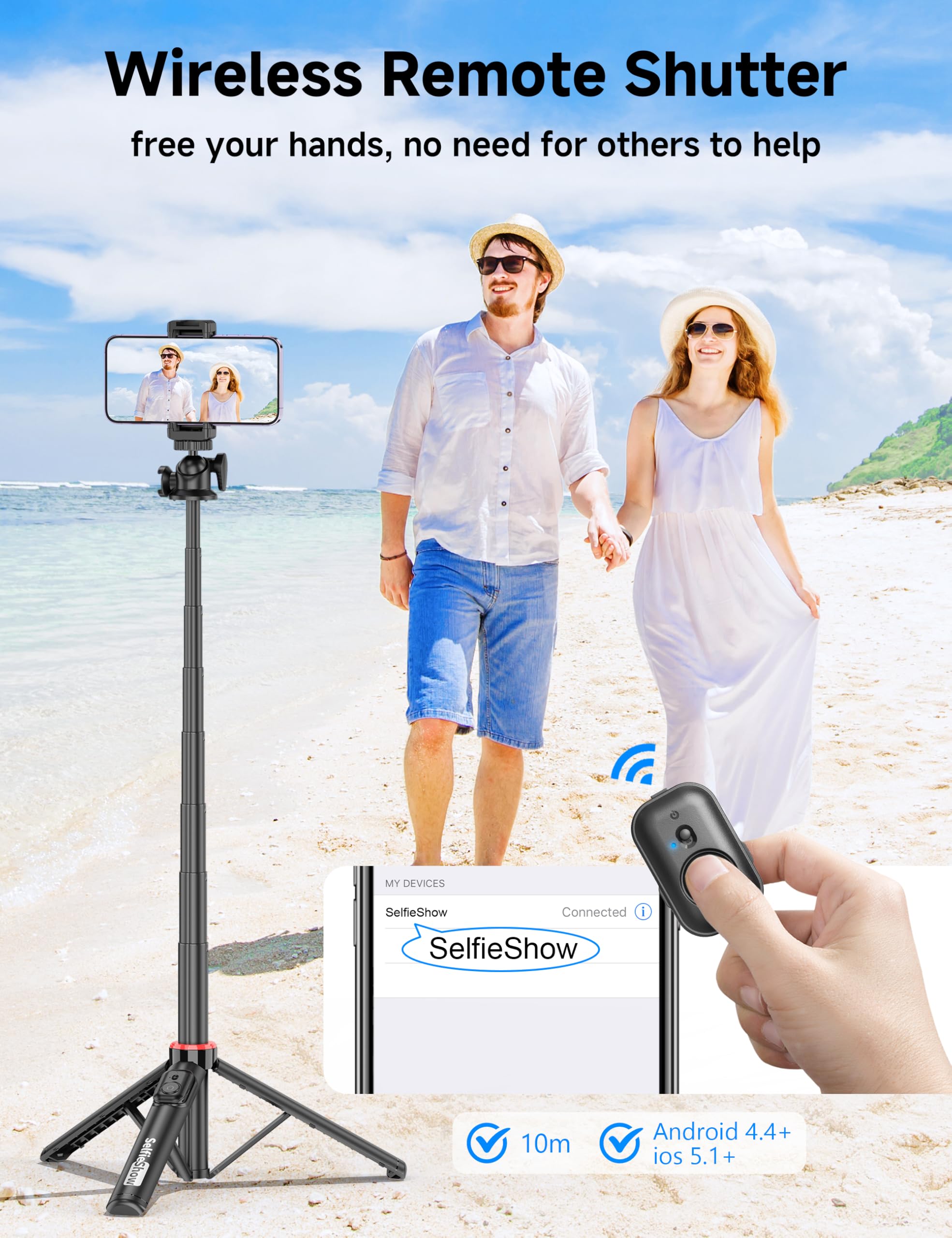 Selfieshow Aluminum Selfie Stick Phone Tripod, 360° Ball Head Tripod For Iphone With Cold Shoe, Extendable Smartphone Tripod Stand With Remote Portable Travel Tripod Compatible With Iphone 16/15/14/13/Android