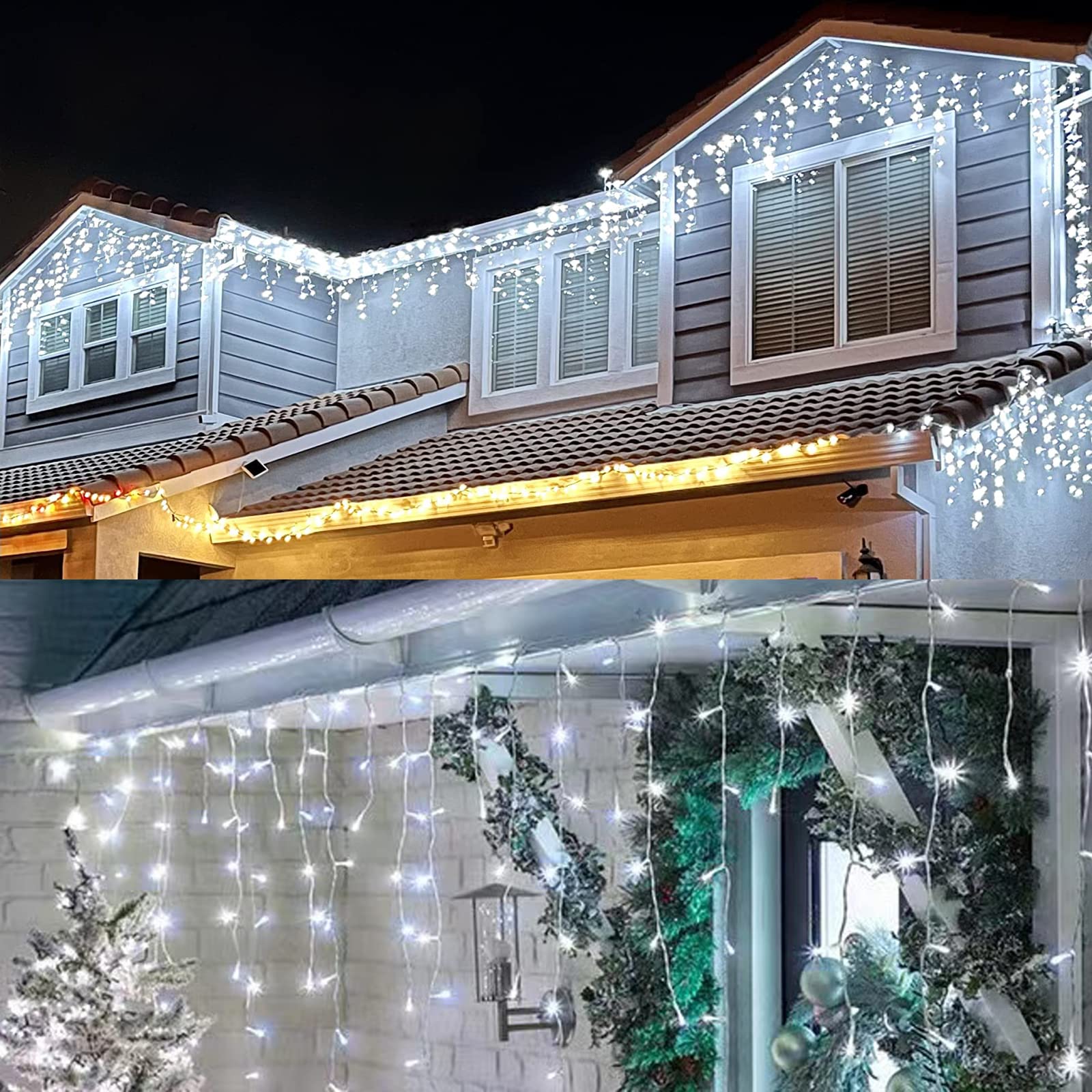 Neoclassy Solar Christmas Icicle Lights,304 Led Outdoor Christmas Decorations 8 Modes Waterproof Solar Icicle Lights For Patio Yard Garden Wedding Party House Xmas Tree Roof Decorations(Cool White)