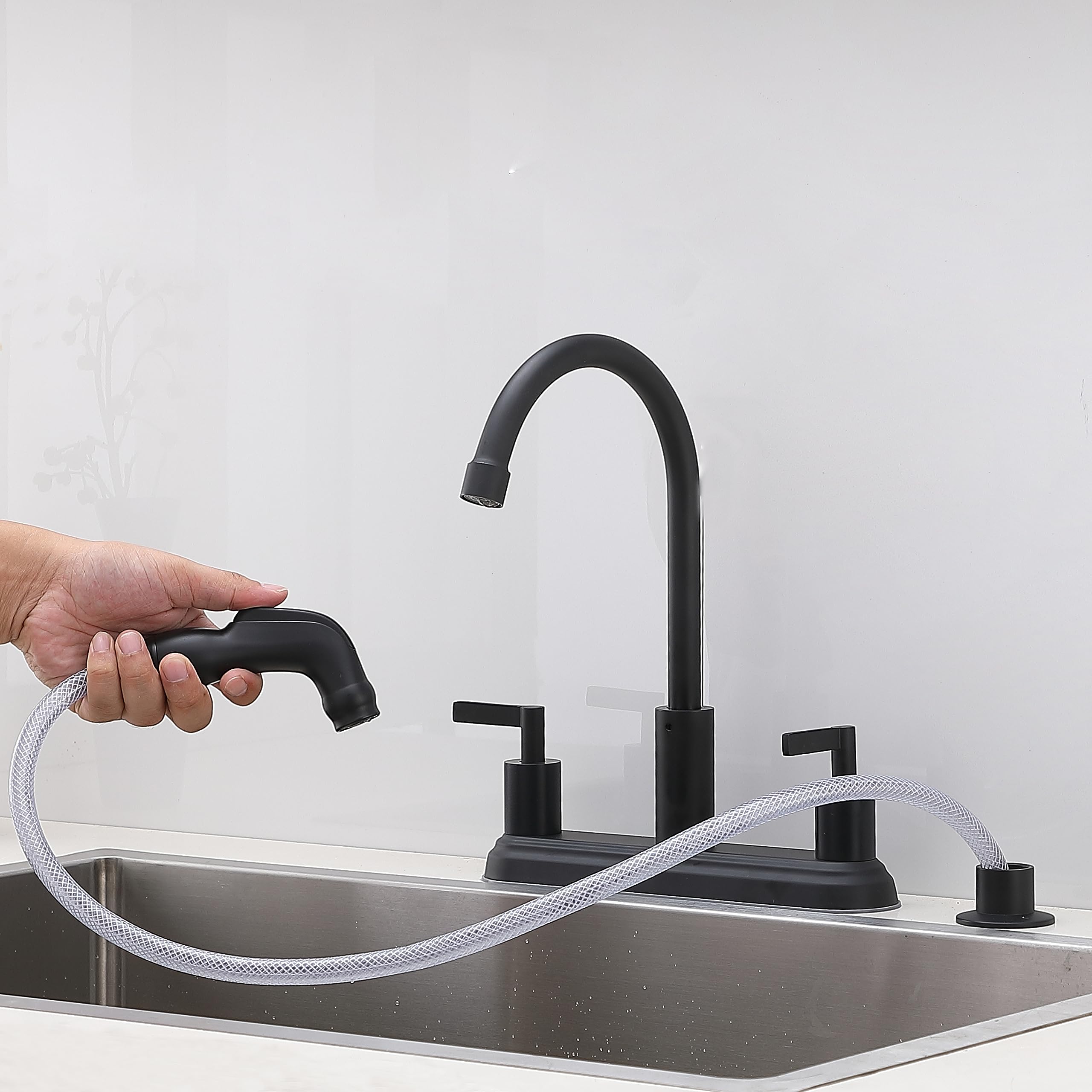 Ikebana 2 Handle Black Kitchen Faucet,2 Handle 3 Or 4 Hole Kitchen Sink Faucet With Side Sprayer,Commercial Lead- 360 Swivel Stainless Steel Kitchen Faucet For Rv Camper Laundry Farmhouse Bar Sink