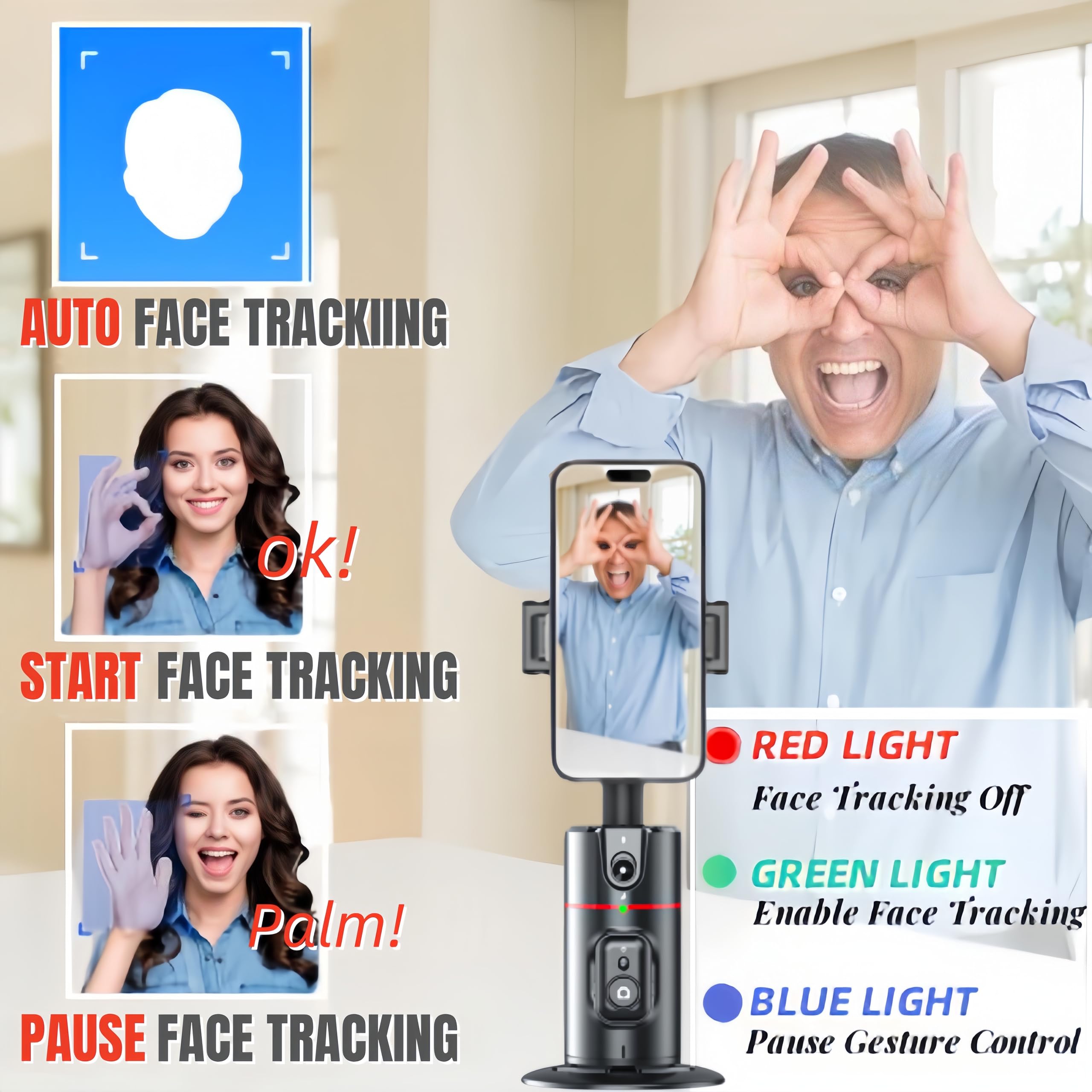 Bizisofon Auto Face Tracking Tripod, 360° Rotation Face Body Tracking Phone Holder, Rechargeable Smartphone Camera Mount Remote & Gesture Control With Adjustable Selfie Stick Tripod Stand For Phone Camera Gopro