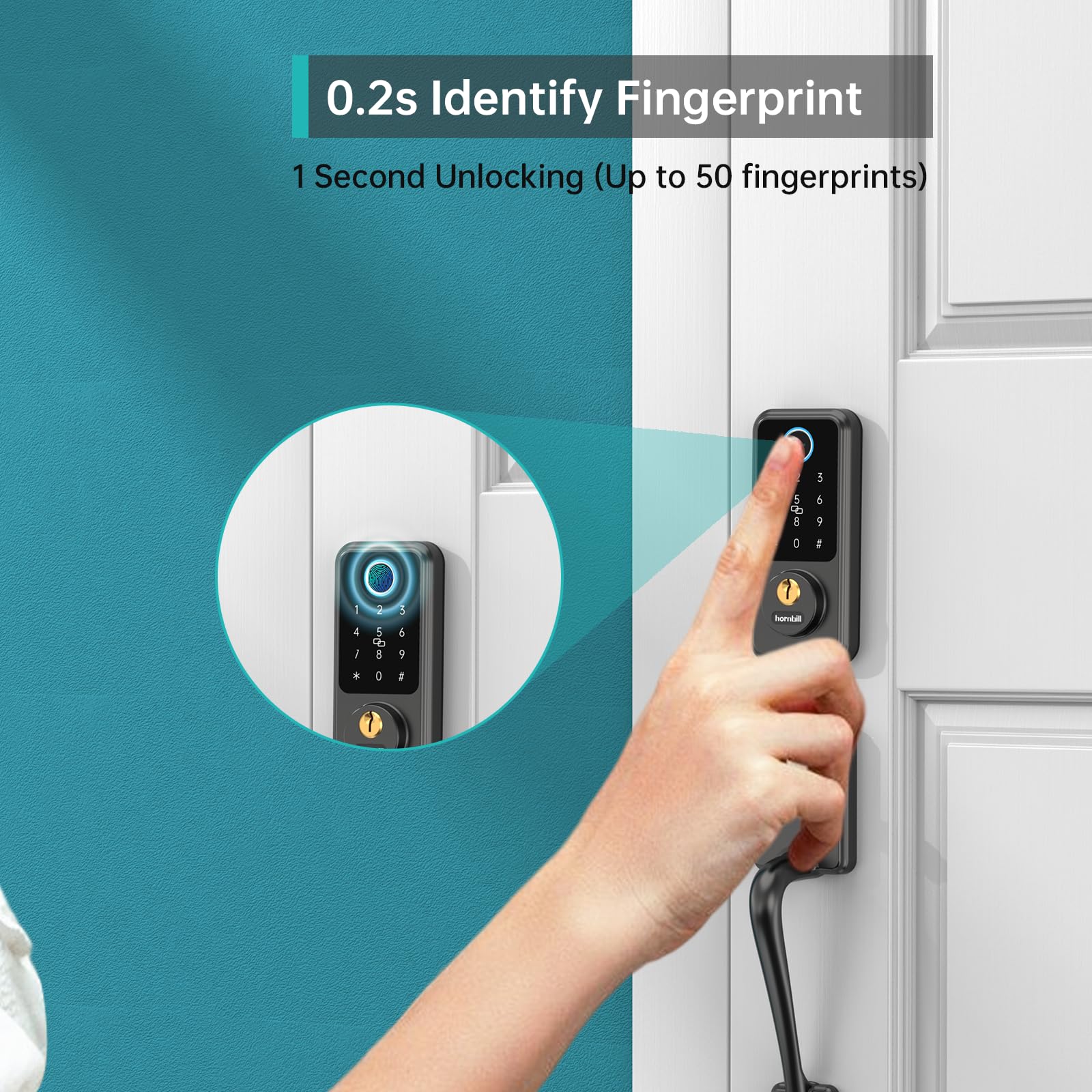 Hornbill Smart Lock Front Door - Keyless Entry Door Lock With Handle Set, Smart Deadbolt For Front Door, Bluetooth Fingerprint Biometric Auto Lock For  House, Airbnb, Office, Appartment