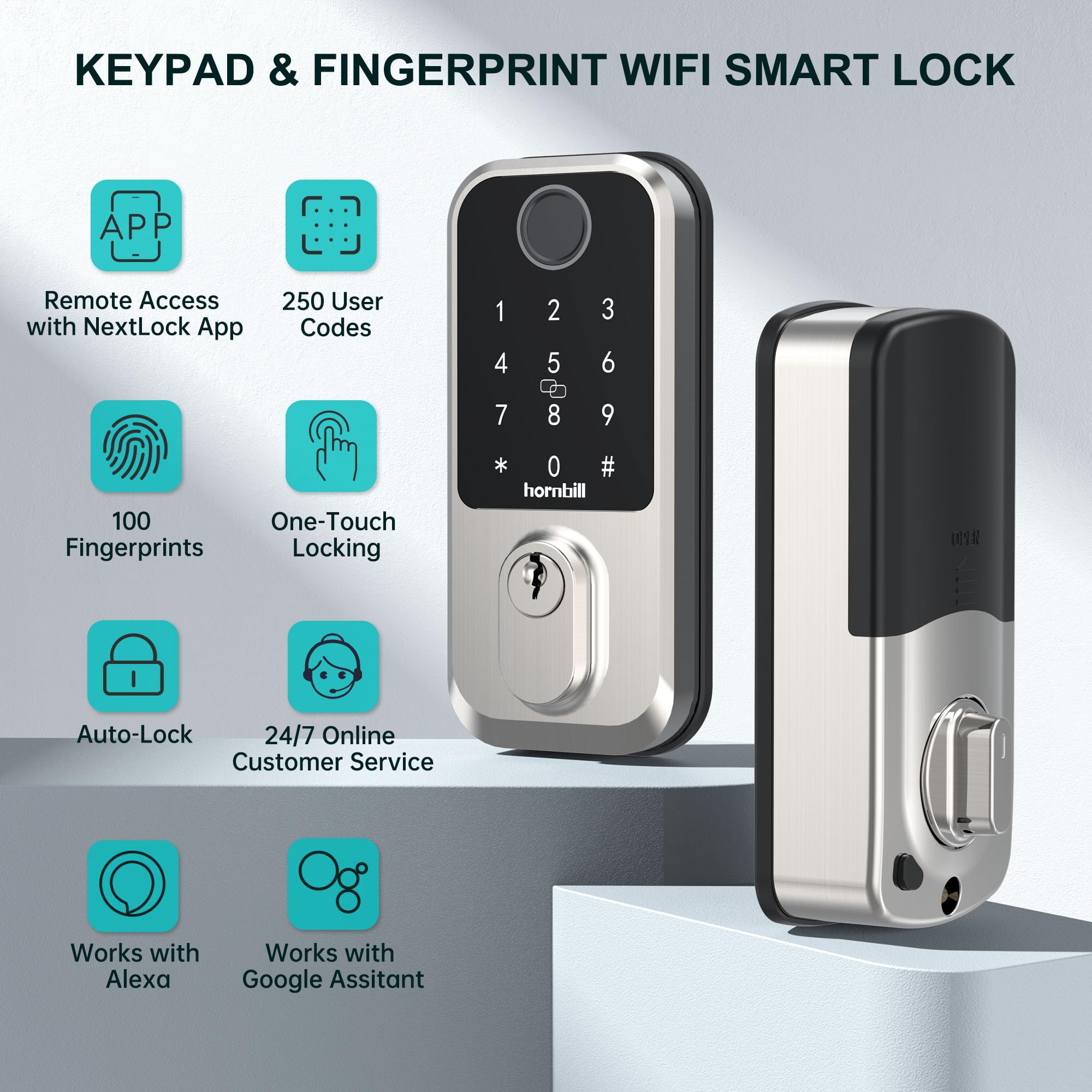 Hornbill Wi-Fi Smart Deadbolt Keyless Entry: 9-In-1 Smart Lock For Front Door, Smart Deadbolt Lock, Electronic Keypad Code Fingerprint Unlock, Works With Alexa For Home Office Hotel, Satin Nickel