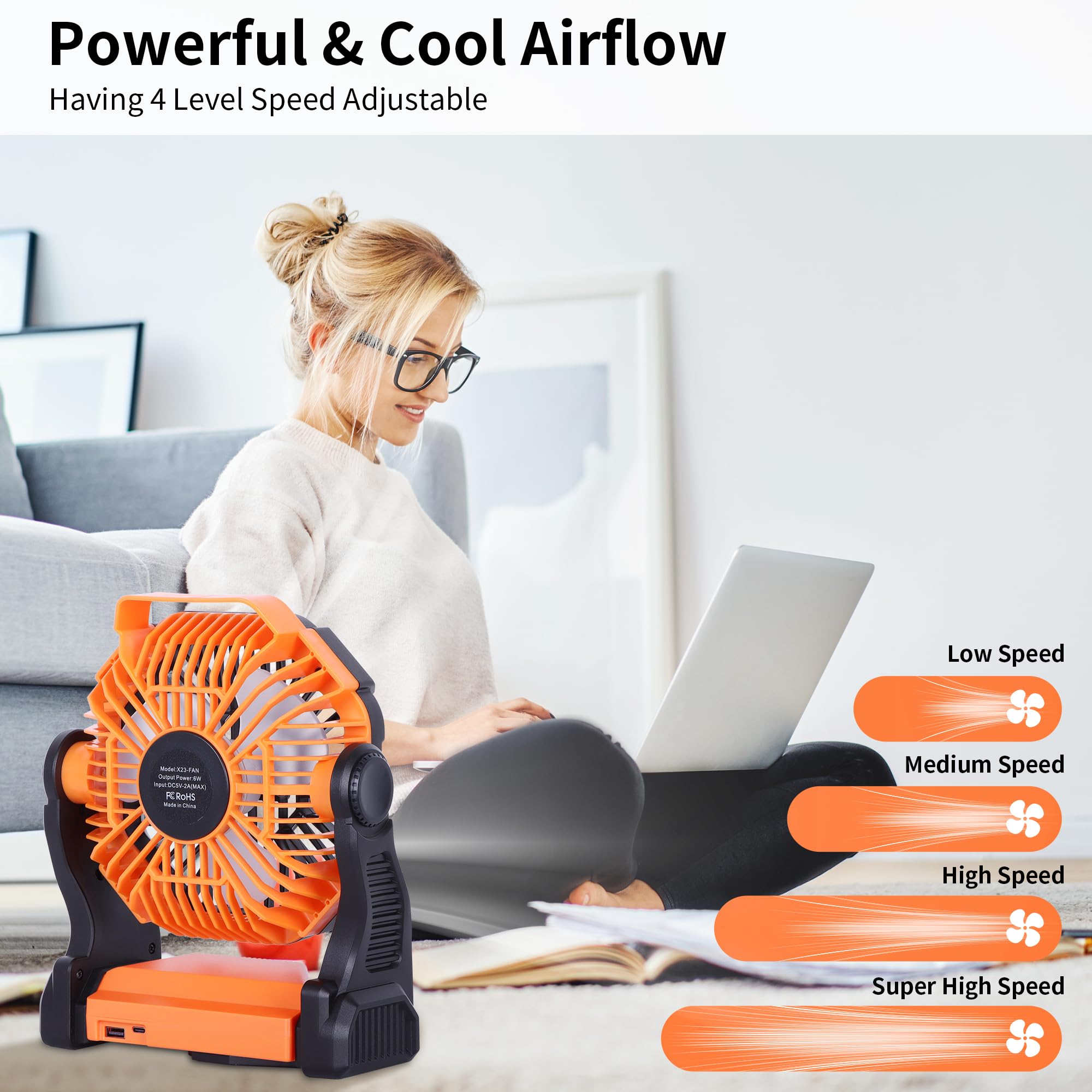 Rechargeable portable fan with 270° pivot, battery-operated, ideal for camping and outdoor events