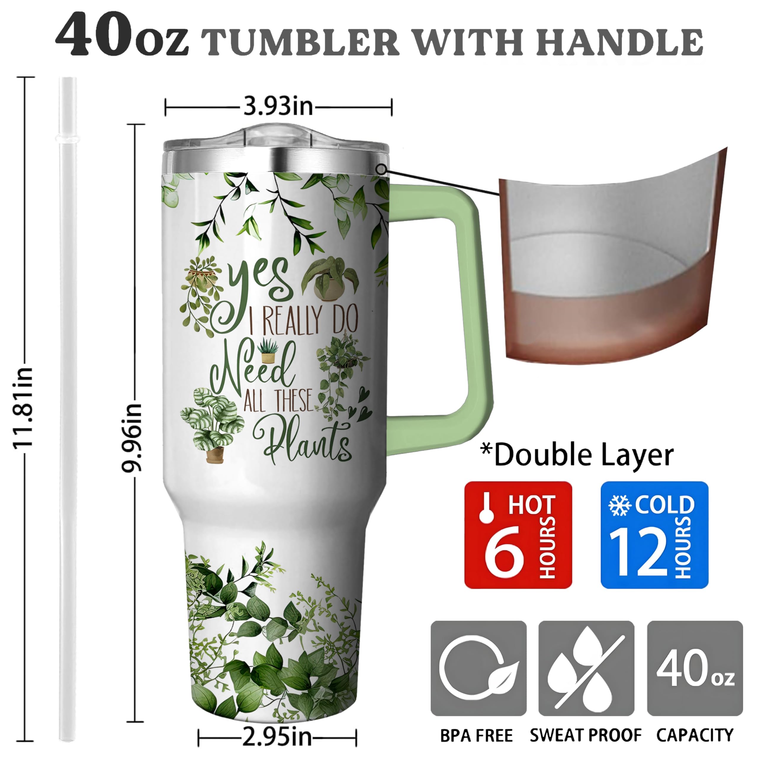 40 Oz Plant Tumbler With Handle And Straw, Double Wall Coffee Travel Mug Leak Proof, Stainless
