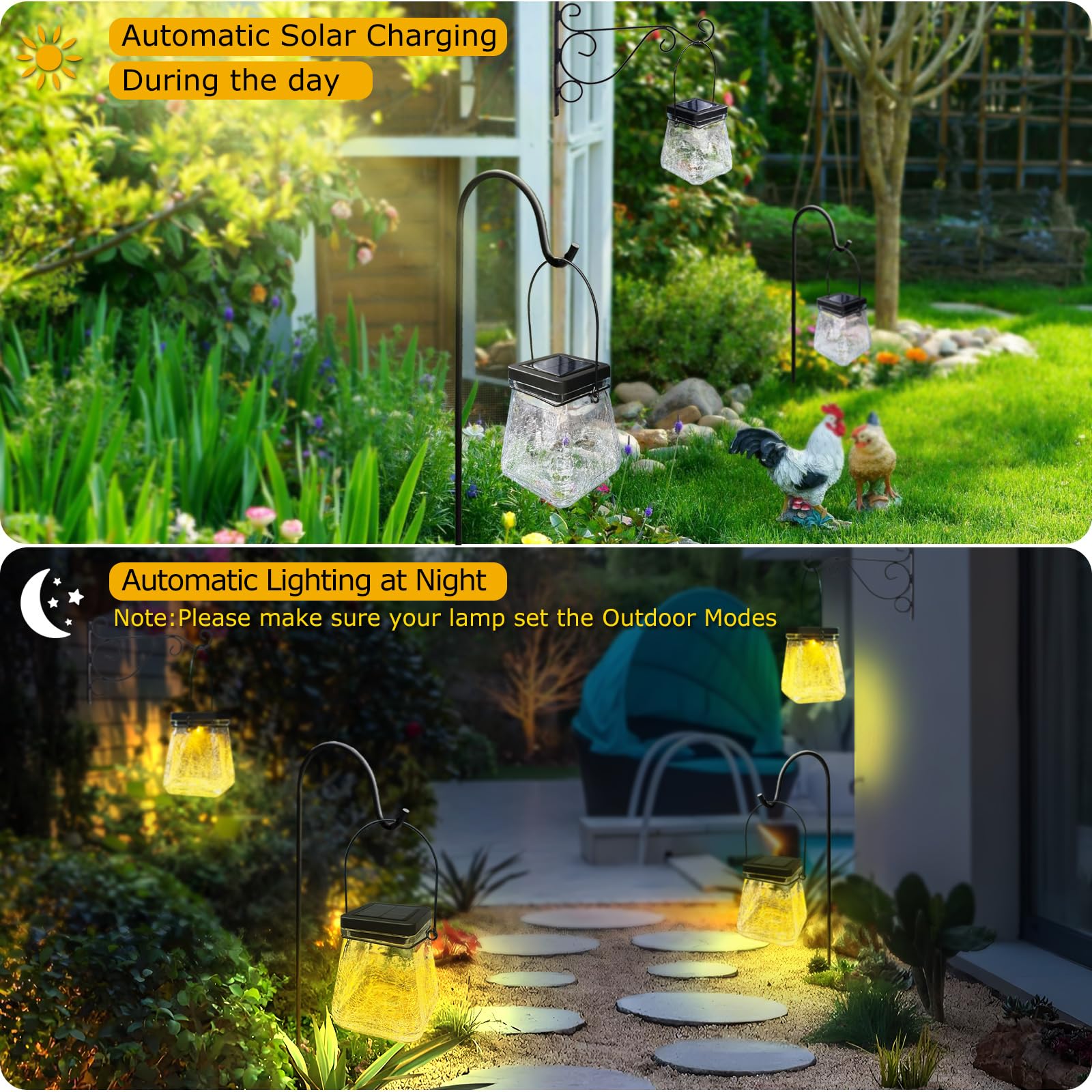 Megfiehun Solar Lantern Outdoor Waterproof,Hanging Solar Rgb Lights For Outside,Crackle Glass Outdoor Lantern Table Lamps For Garden Decor Patio Yard Lawn Pathway