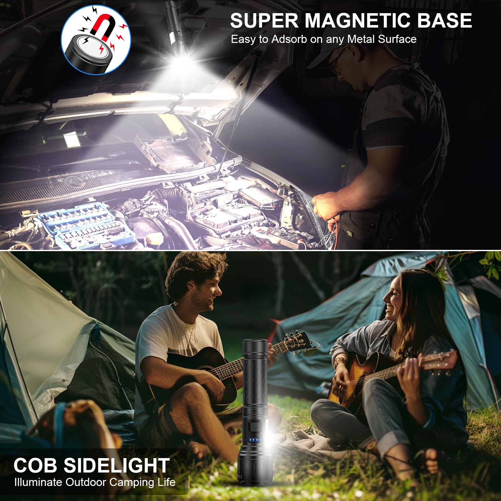 Banral Rechargeable Magnetic Flashlights 100,000 High Lumens, Super Bright Led Powerful Flashlight 8 Modes With Cob Work Light, Waterproof Handheld Flash Light For Camping (2 Pack With Leather Box, Black)