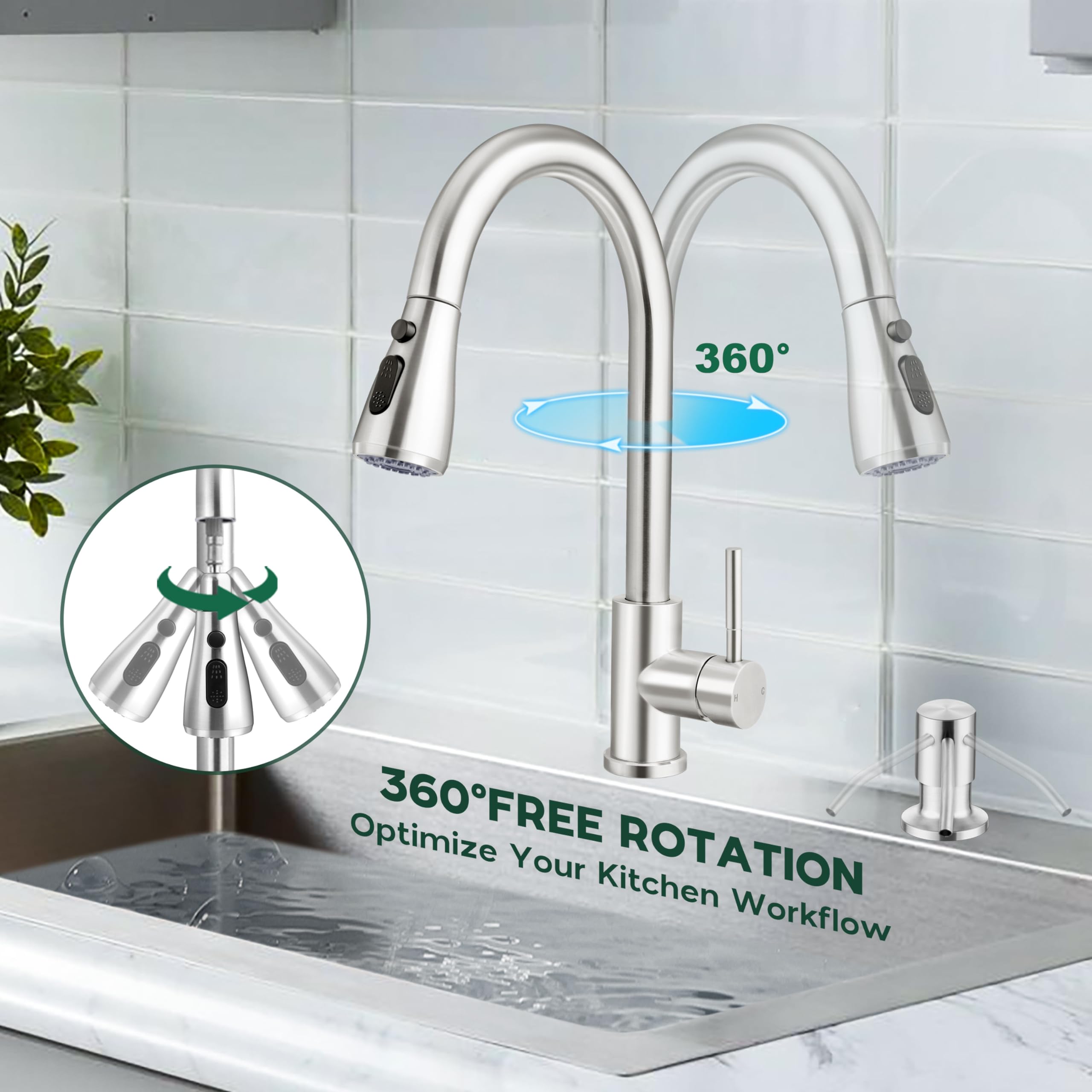 Onader Brushed Nickel Kitchen Faucet With Pull Down Sprayer Stainless Steel Farmhouse Rv Kitchen Sink Faucets With Soap Dispenser