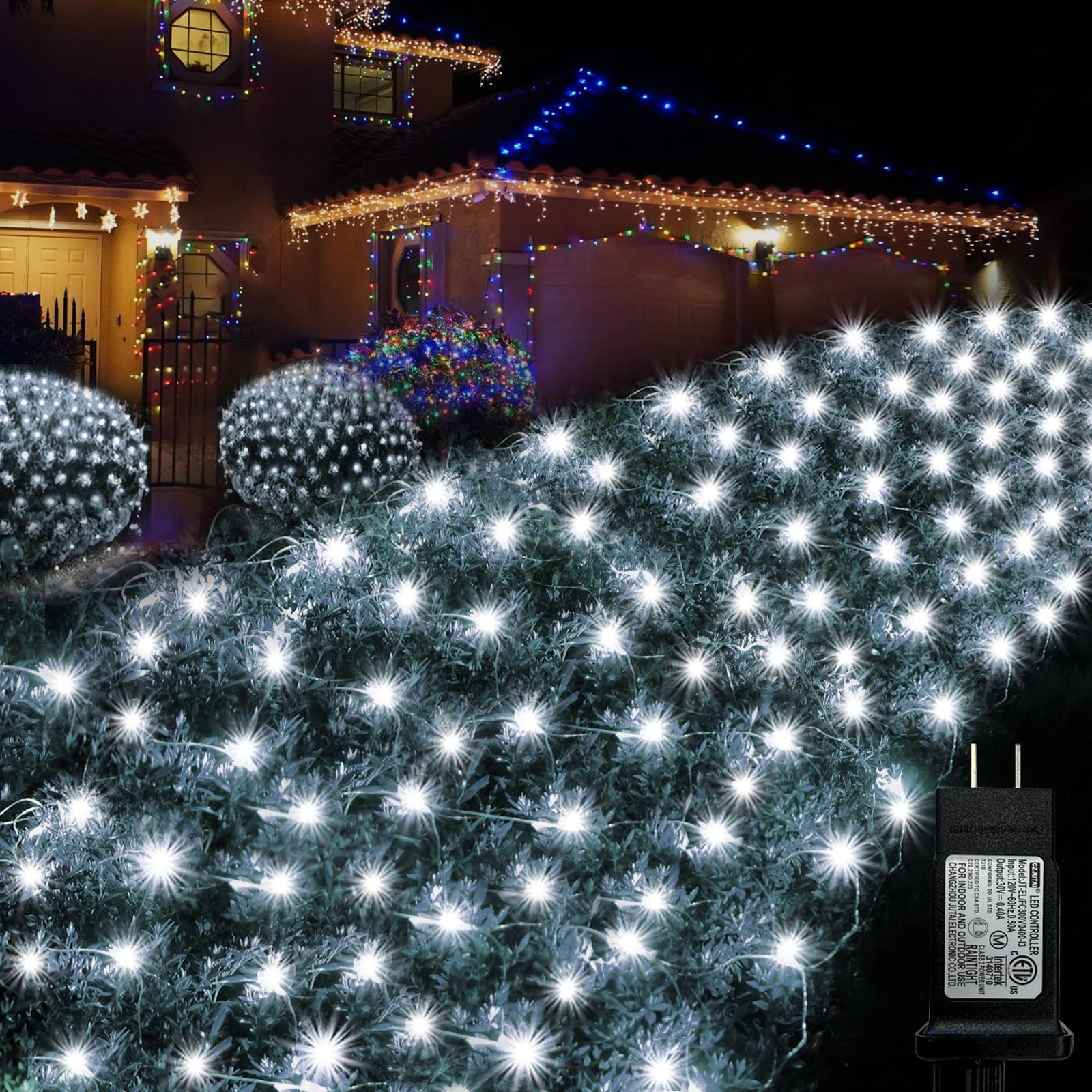 Pooqla White Net Outdoor Christmas Lights, 300 Led, 14.8X4.9 Ft Mesh For Bushes, 8 Modes Waterproof Twinkle String Connectable For Halloween Hedge Yard Garden Party Decor