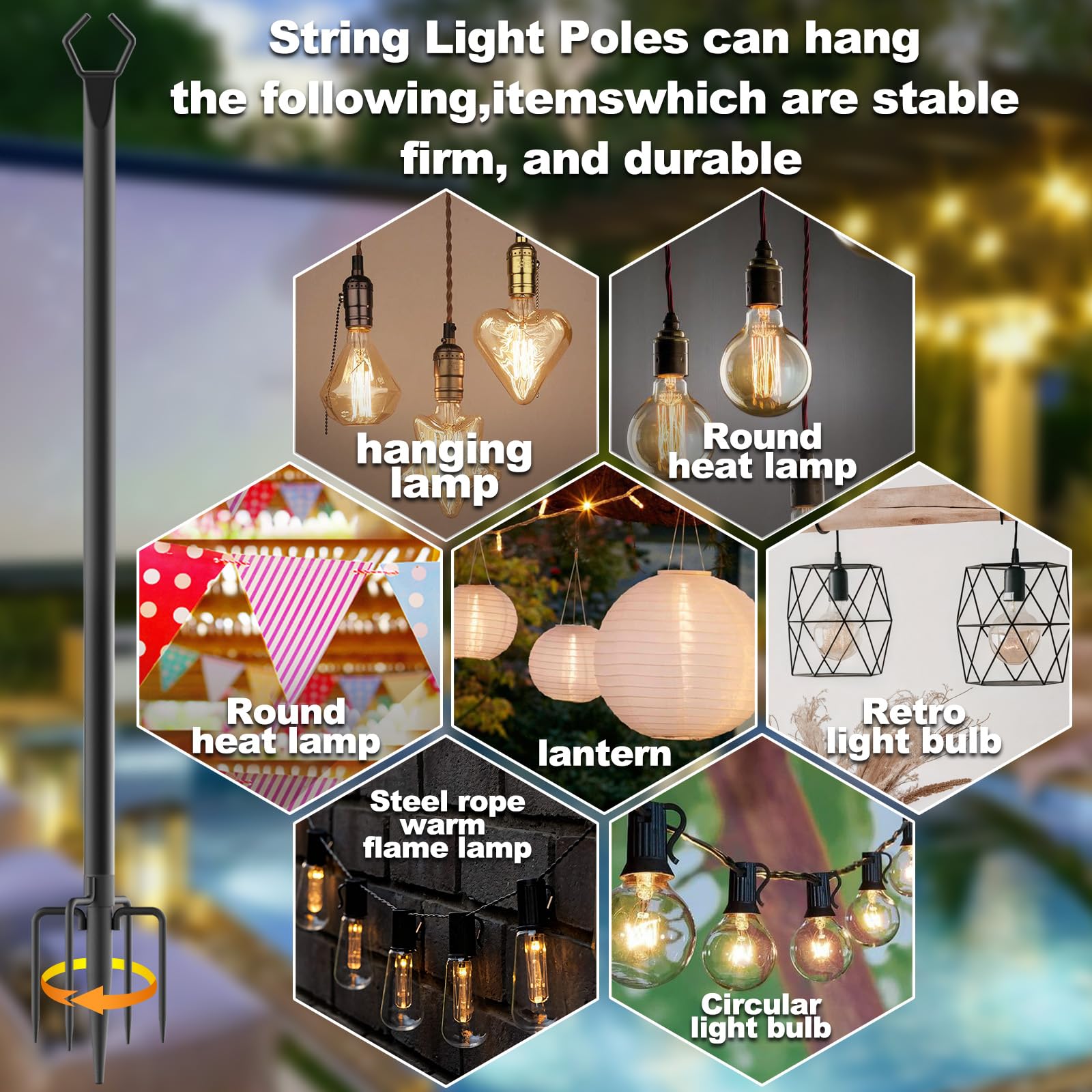 Talkhigh 6 Pack 10 Ft Heavy Duty Metal String Light Poles Adjustable Outdoor Lighting Stand For Patio,Backyard,Garden,Party & Wedding Rustproof & Sturdy With Hooks