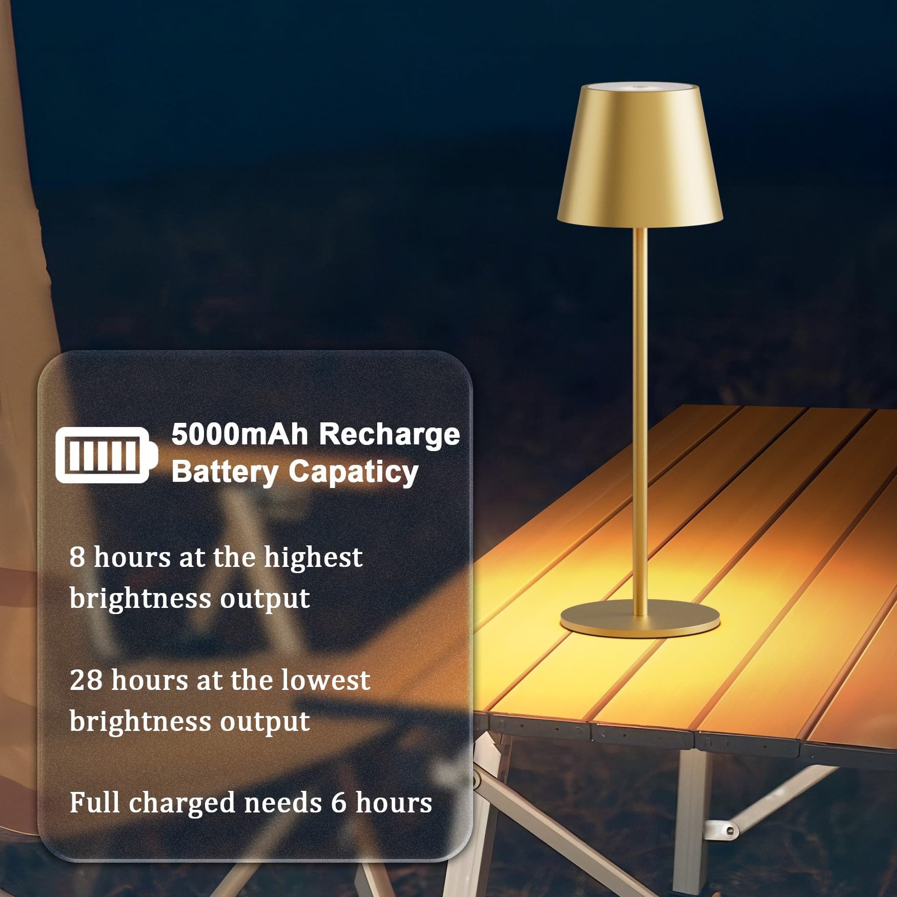 Irotine 1-Pack Gold Led Cordless Table Lamp, Rechargeable Battery Desk Lamp 3W 5000Mah Battery Operated, Ip54 Waterproof|3000K Warm Light|Stepless Dimming Outdoor Table Lamp For Restaurant/Dinner