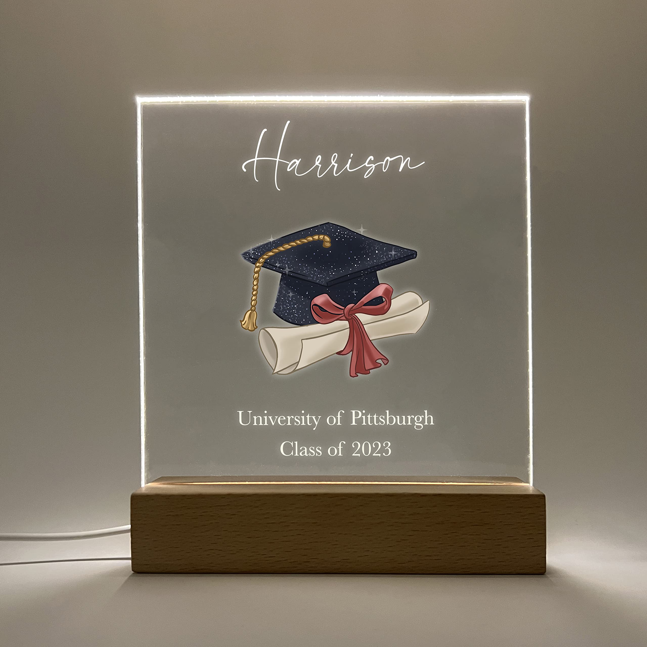 Mirror Mania Personalized Frame Light Up Table Lamp Wood Base Stand Plaque Led Desk Stand Custom Graduation Cap Diploma Class Of Graduating Year High School University College Graduate Congrats
