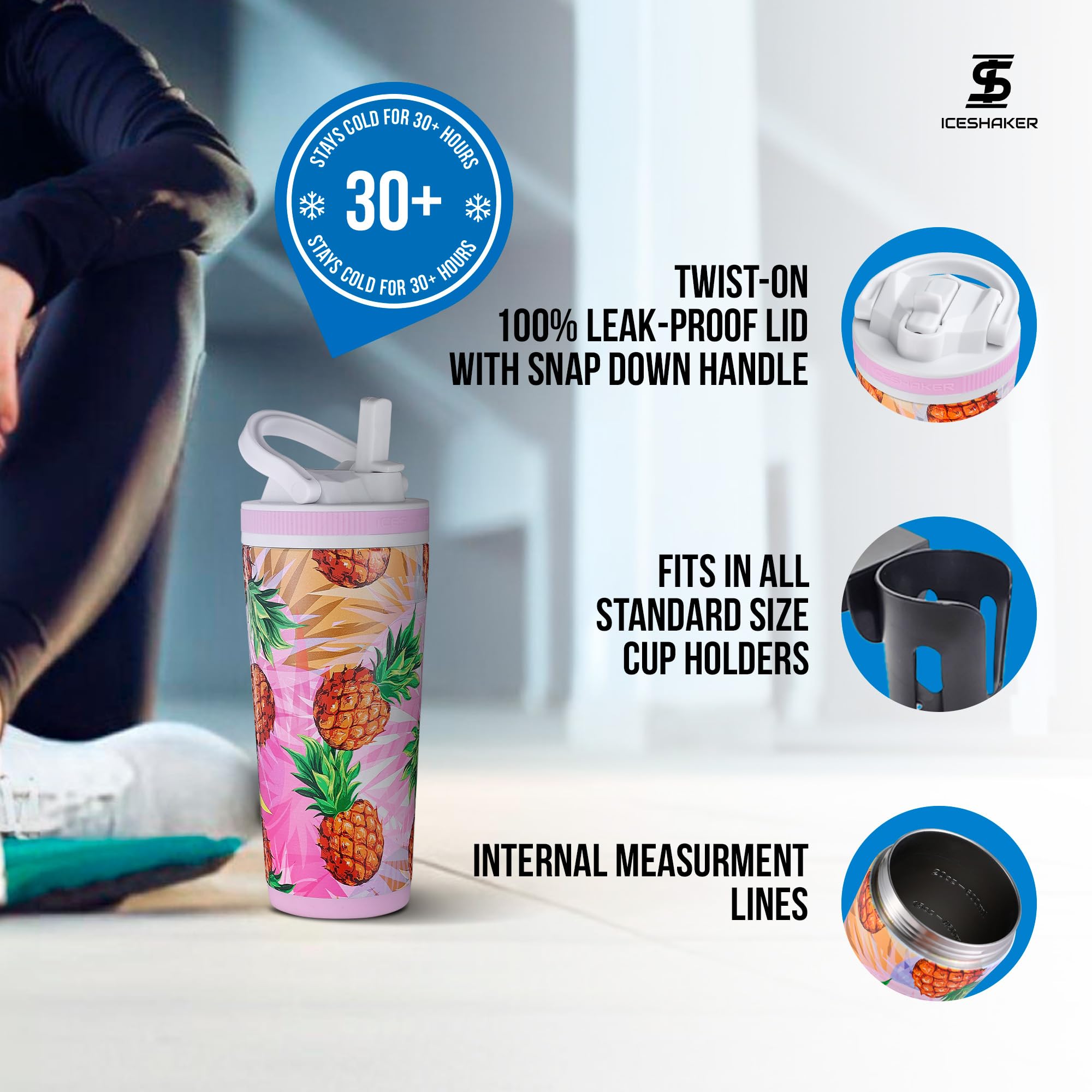 Ice Shaker Insulated Stainless Steel Sports Bottle  26 Oz, Pineapple  Stays Cold For 30+ Hours