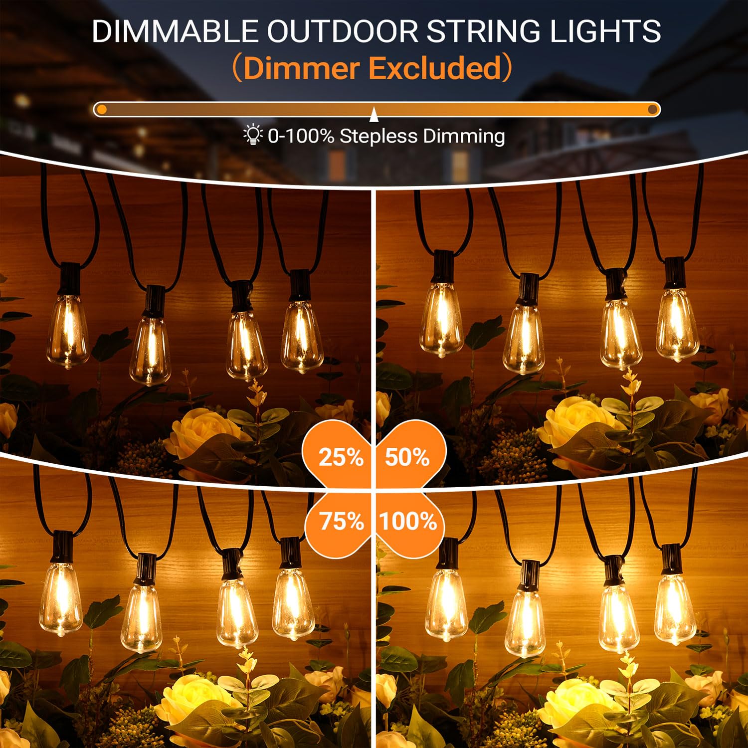 Kondras 100Ft Led Outdoor String Lights, Waterproof Outside Patio String Light With 52 Dimmable St38 Edison Bulbs, Connectable Hanging Lights For Yard Porch