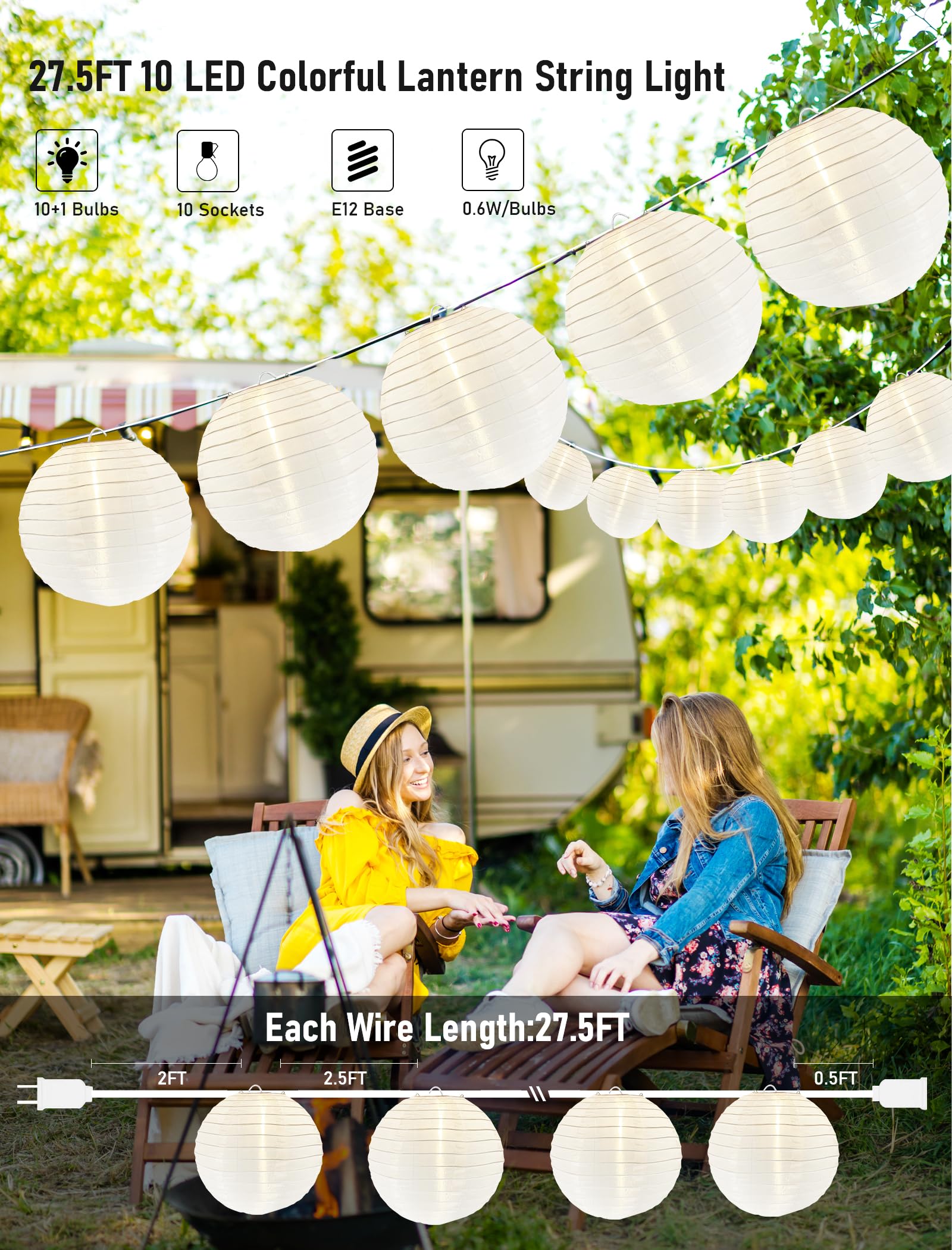 Doratale Lantern String Lights Outdoor, 27.5Ft White Lantern String Lights Plug In With 10 Nylon Lanterns And G40 Led Bulbs, Hanging Light Strings Waterproof For Indoor Bedroom Outdoor Patio Wedding Party