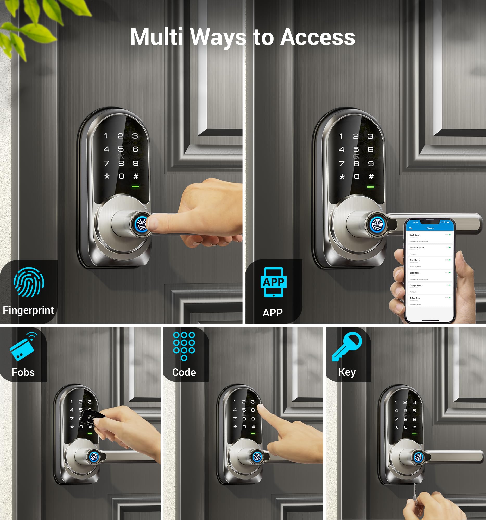Veise Rz09 Smart Lock, 7-In-1 Keyless Entry With Handle Set, App Control Fingerprint Deadbolt For Front Door, Electronic Digital Locks With Keypad, Satin Nickel