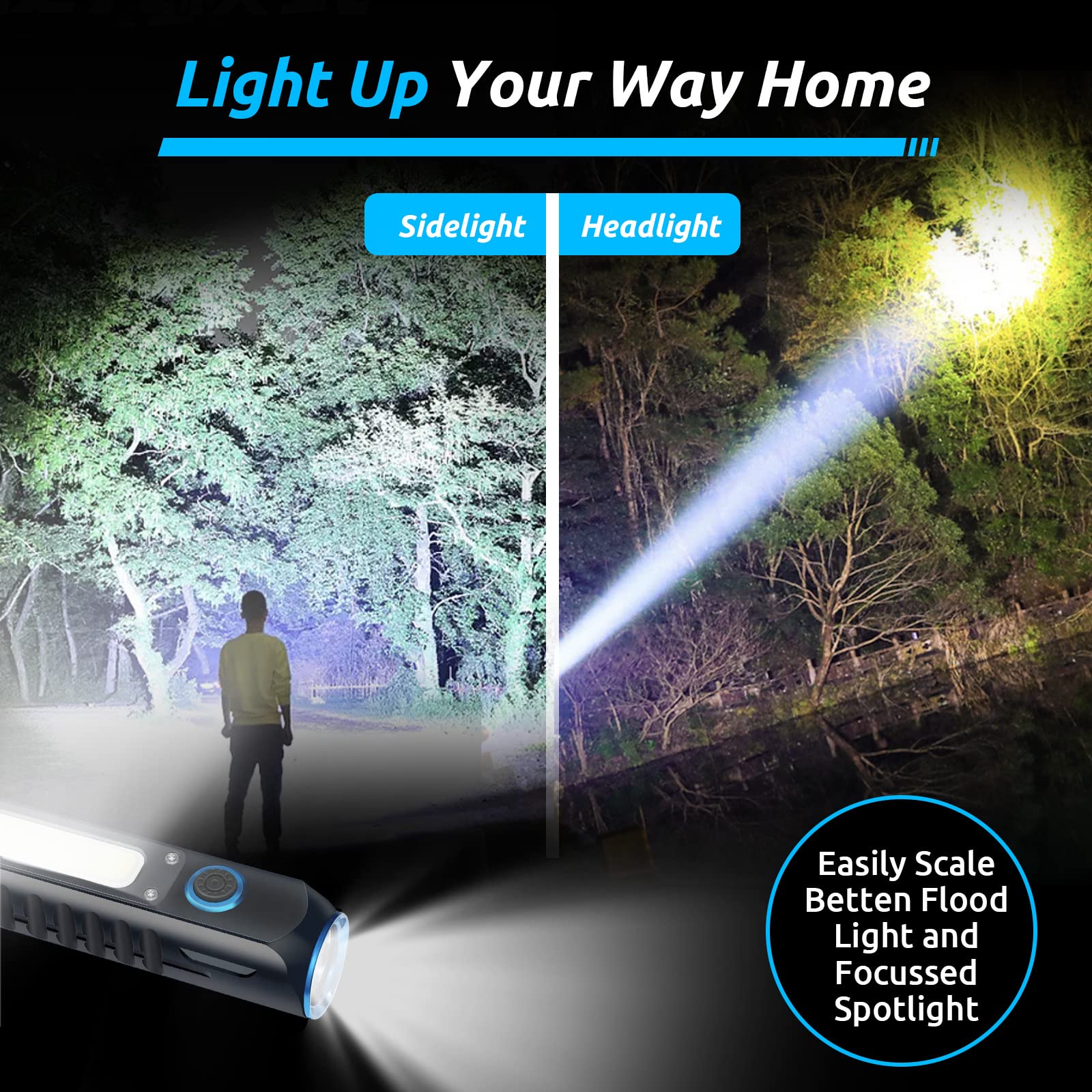 Lidefox Flashlight Rechargeable Magnetic Led Flashlight 500Lm Super Bright Led Tactical Flashlight With Cob Sidelight Waterproof 8 Modes For Camping Emergency And Outdoor Use