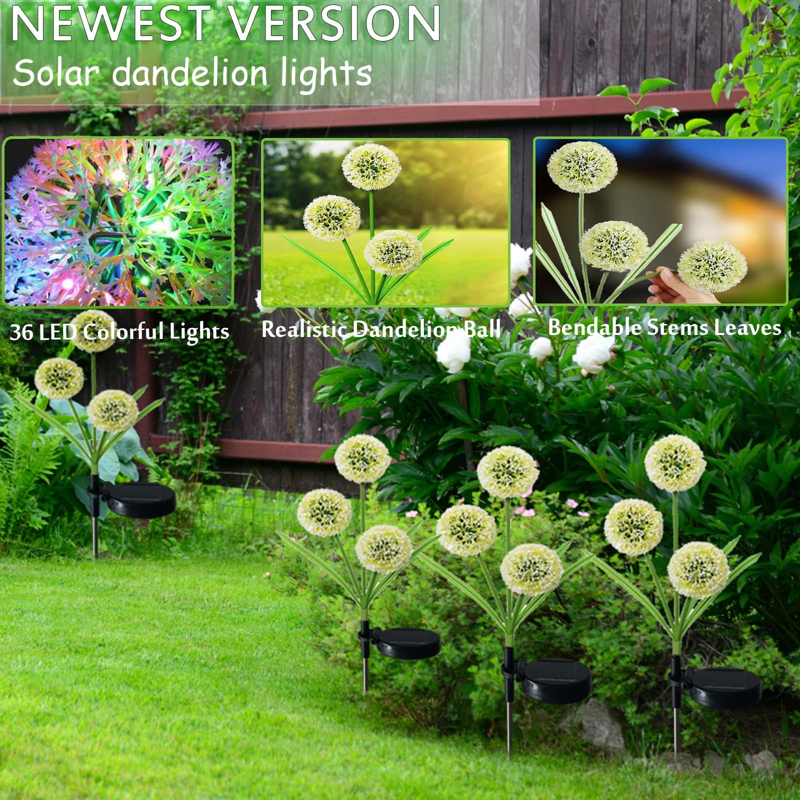 Xrr Solar Lamps For Outdoor Garden, 2 Pieces Solar Lights Garden Decoration 7 Colour Change Led Solar Garden Light Dandelion Waterproof Solar Flower Lamp For Terrace, Lawn And Patio