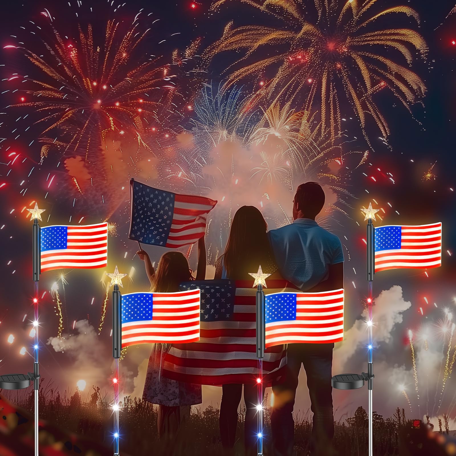 E-Kong 4 Pack Led American Flags Solar Lights, Glowing Acrylic Solar American Flags Outdoor Waterproof, Red White Blue Lights With 12 Led, Long Lasting American Flags Solar Lights For Outside