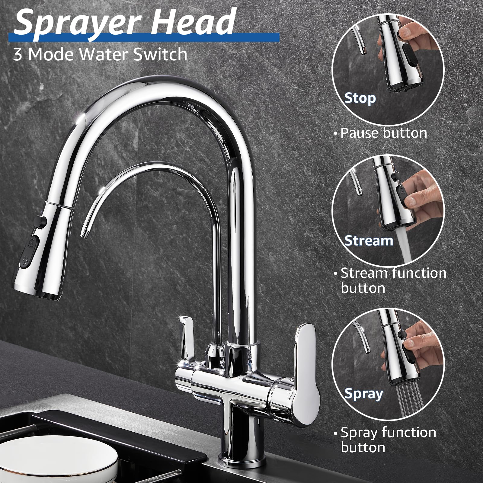 Pollock Kitchen Sink Faucet With Pull Down Spayer Faucet Water Filter 2 Handle 3 In 1 Faucet Water Filter For Kitchen Sink Cold And Hot Mixer Drinking Water Faucet,Chrome