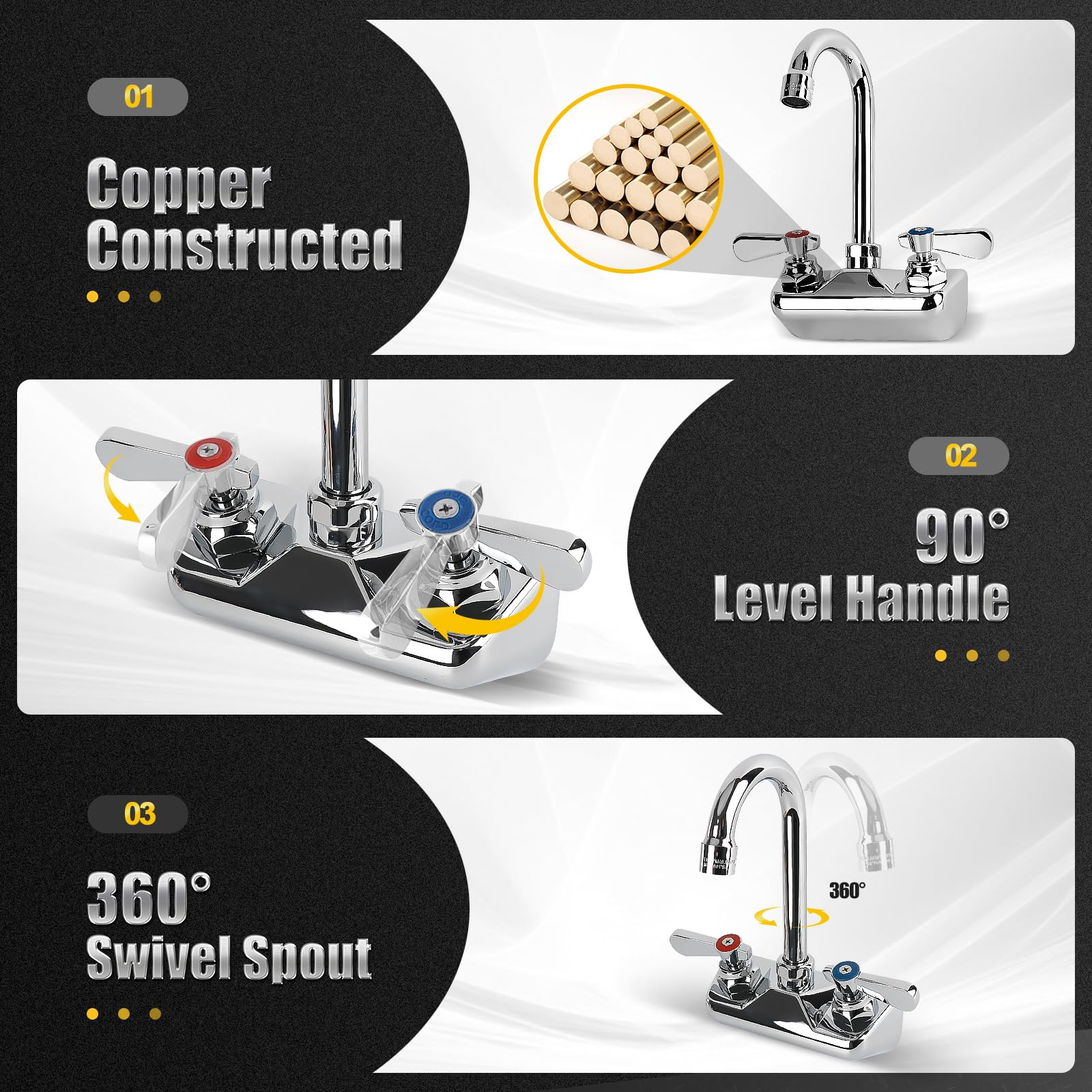 Zkdausdo  4 Inch Center Commercial Sink Faucet Wall Mount Kitchen Hand Sink Faucet, Ceramic Valve, Premium Brass, Chrome Finish, 3-1/2" Gooseneck Spout, Easy-Use Dual Lever