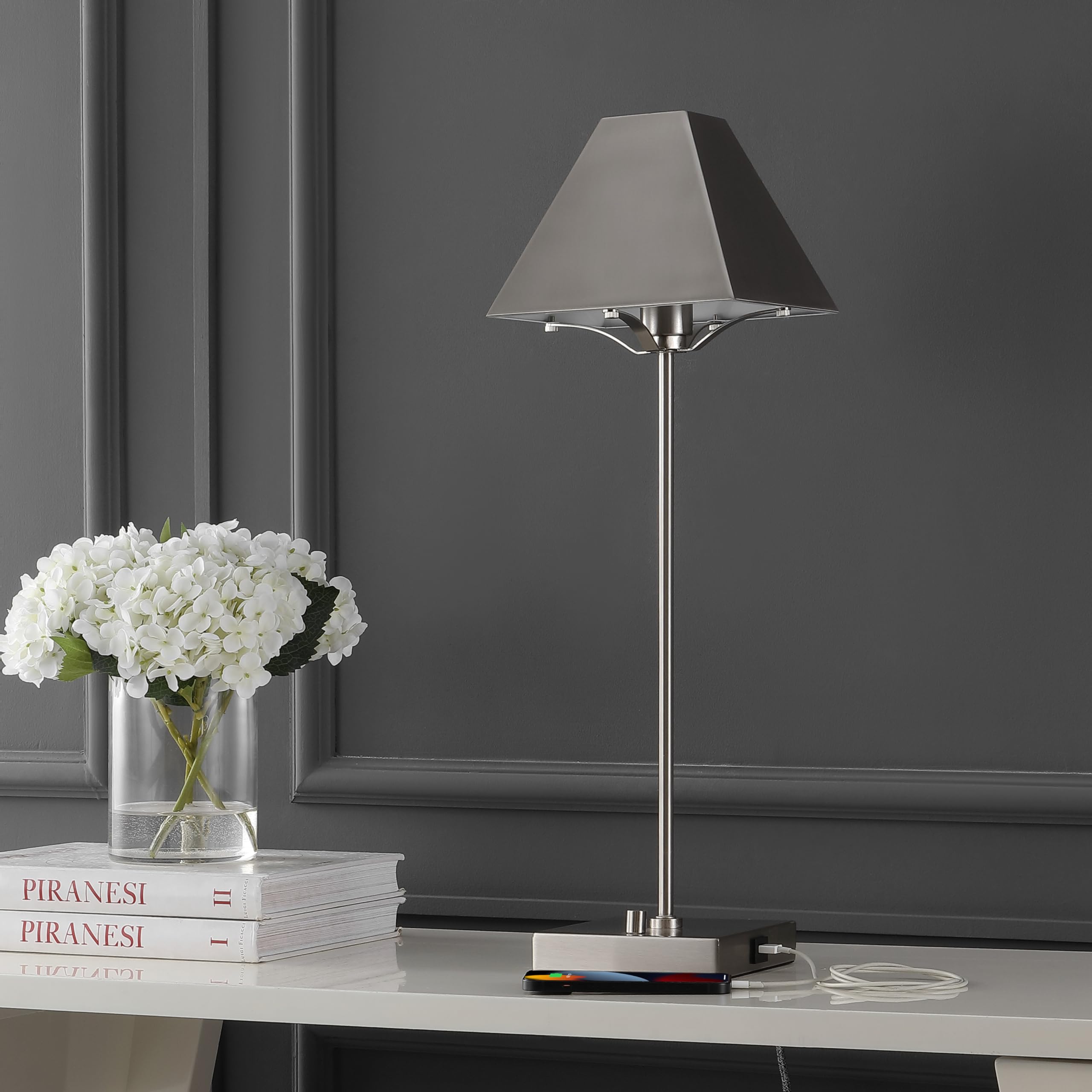 Jonathan Y Jyl6017A Ruthen 25" Industrial Style Iron Pyramid Bedside Led Table Lamp With Usb Charging Port Contemporary, Minimalist, Casual, Art Deco, Office, Living Room, Dining Room, Bedroom, Nickel