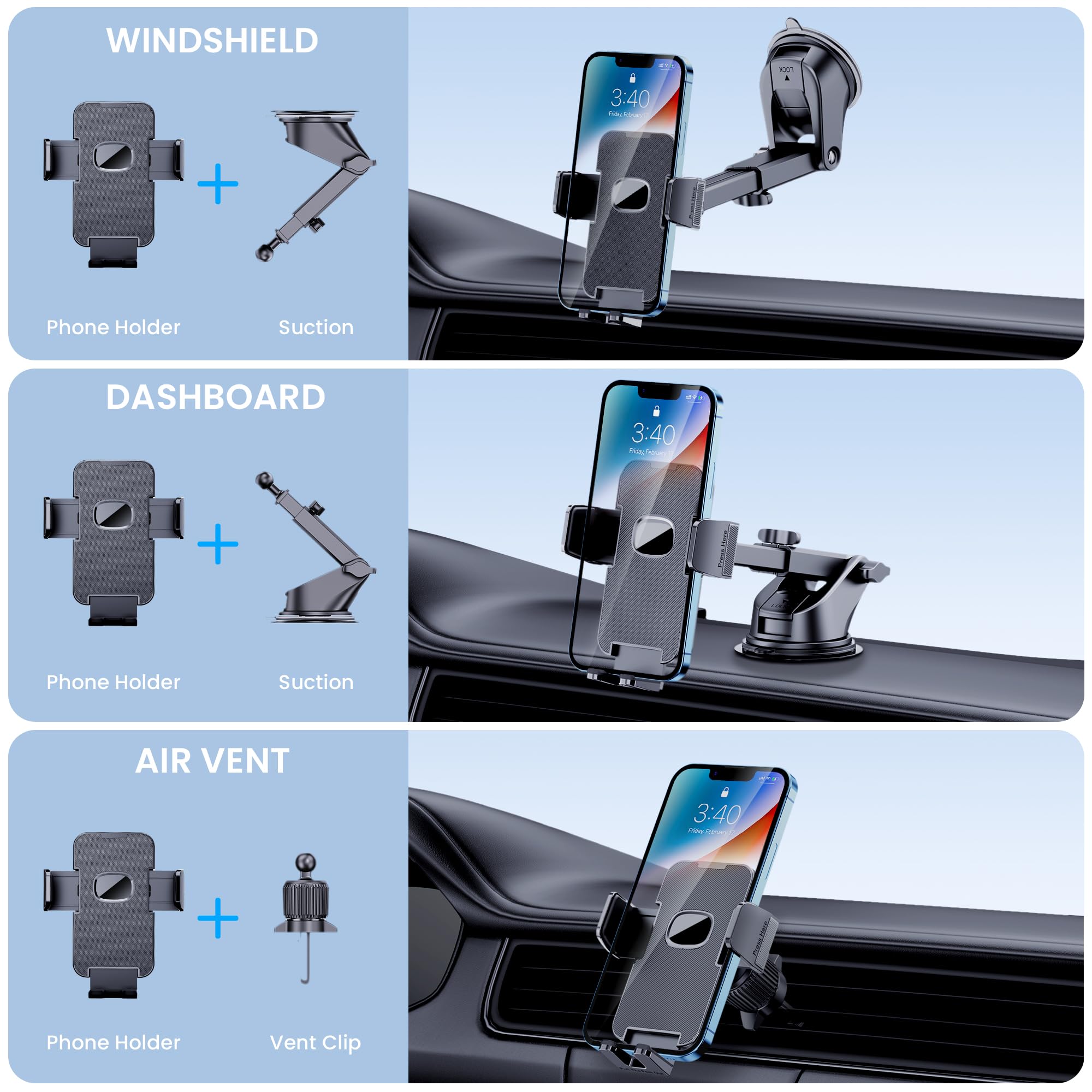 Guwez Phone Holder Car Mount For Iphone [Powerful Suction] Phone Mount For Car Dashboard Windshield Air Vent Universal Accessories [Thick Cases Friendly] Automobile Phone Holder Fit Iphone Smartphone
