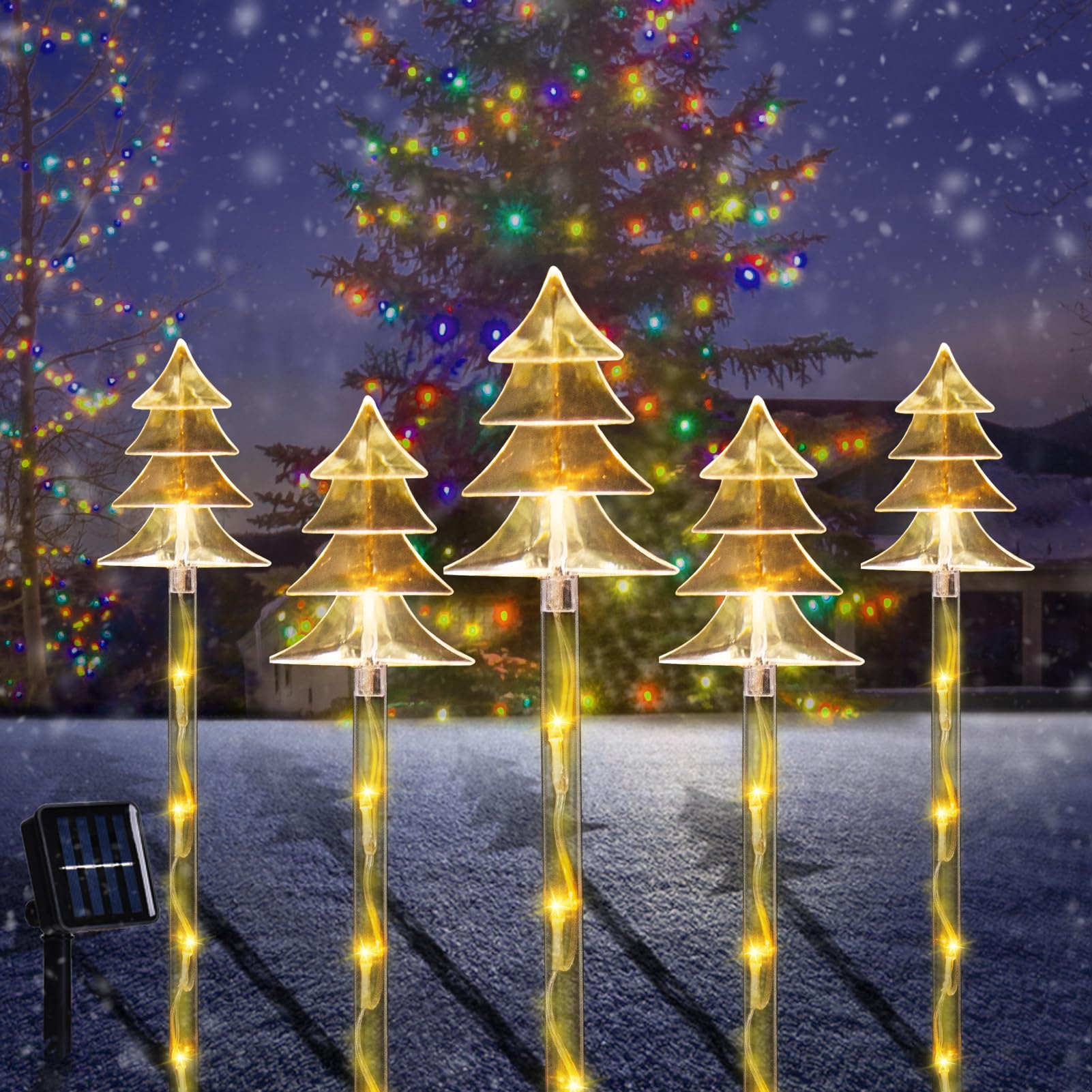 Illumi Christmas Snowflake Pathway Lights, 5 Pack Solar Christmas Stake Markers With Cool White Fairy Lights For Outdoor Holiday Walkway Patio Garden Christmas Decorations (Warm White-Tree)