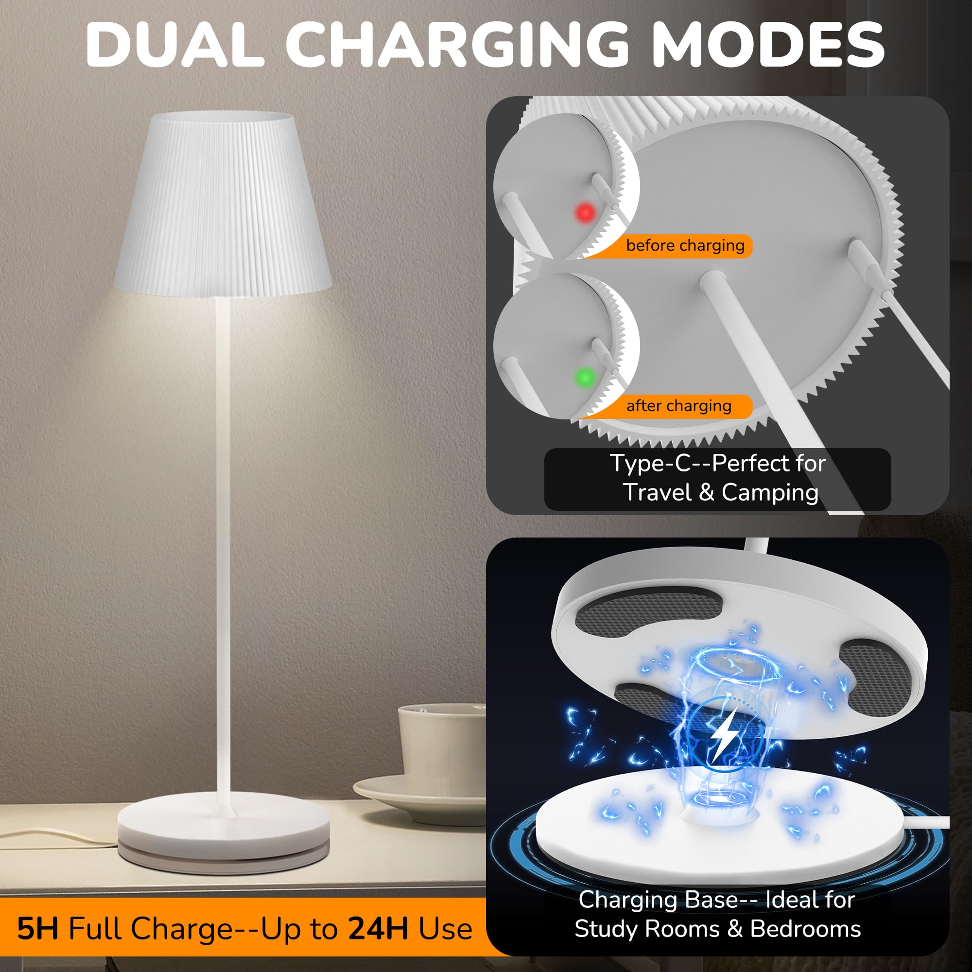 Hmkjwy 1Pcs Cordless Rechargeable Table Lamp With Charging Station Base Dimmable Led Desk Lamp Waterproof Portable Touch Control Long Battery Life For Home Office Outdoor Patio Bedroom Kitchen